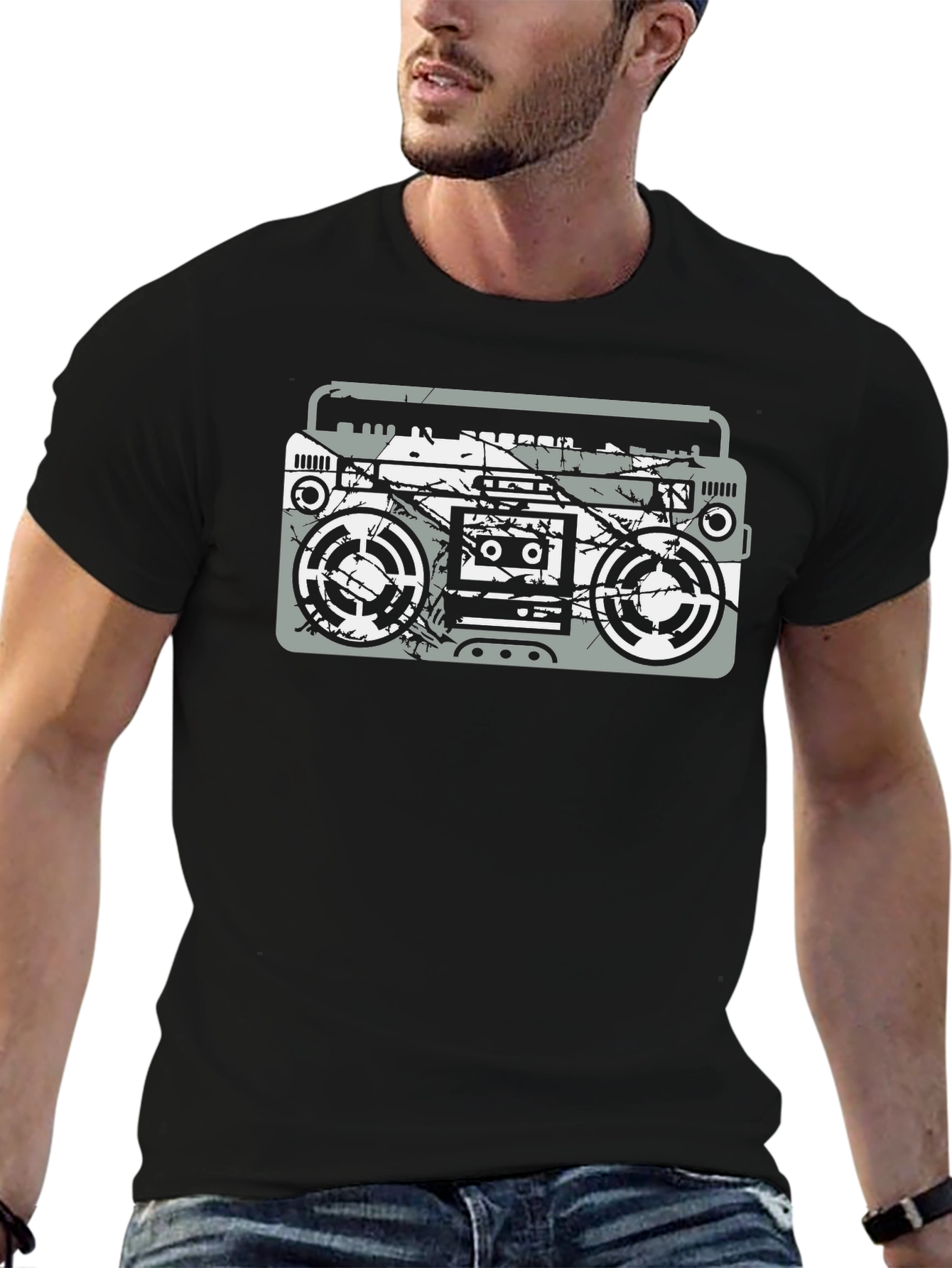 Retro Boombox Graphic Tee - Black Cotton T-Shirt