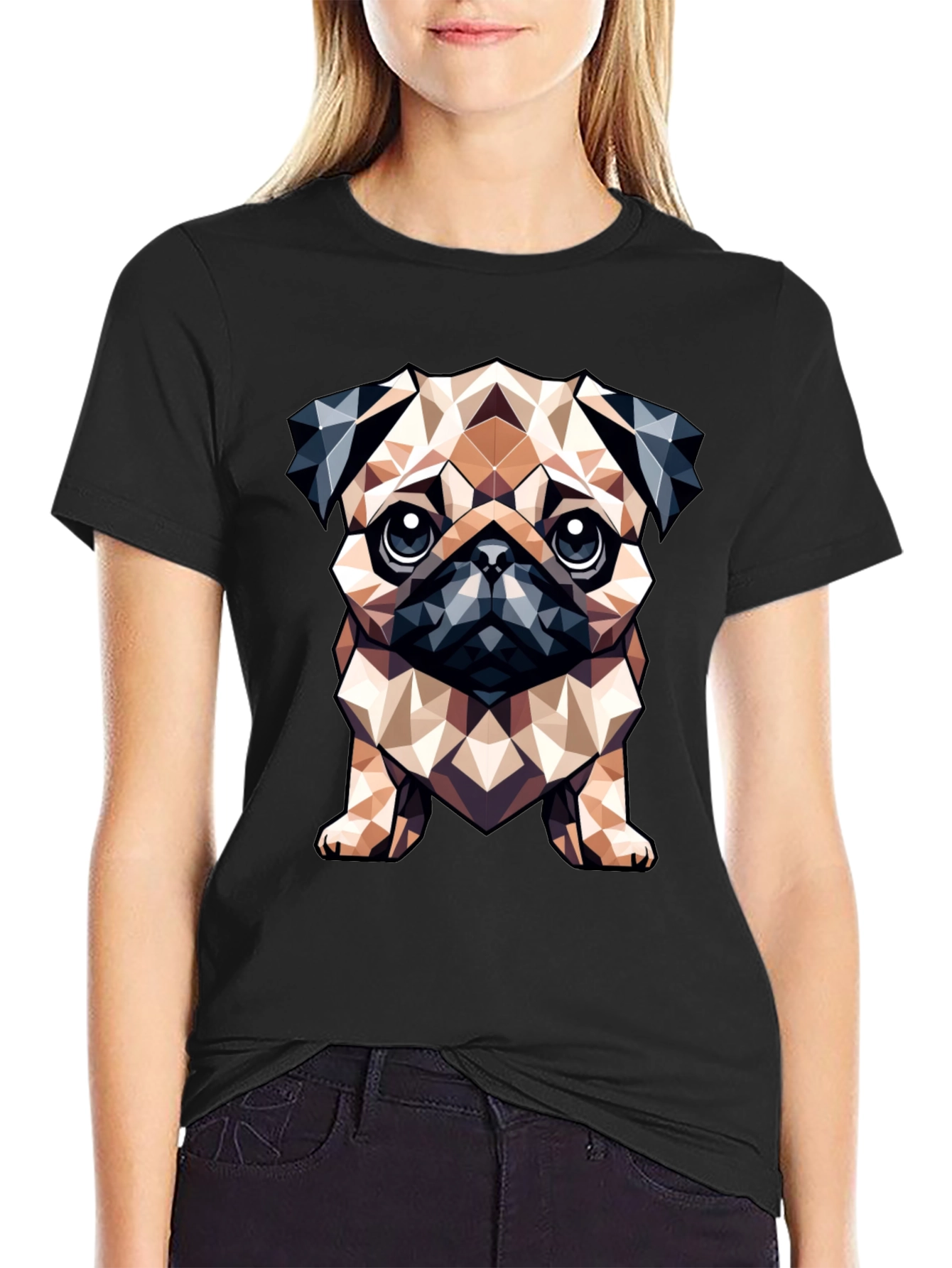 Geometric Pug Dog Graphic Tee - Stylish Black T-Shirt