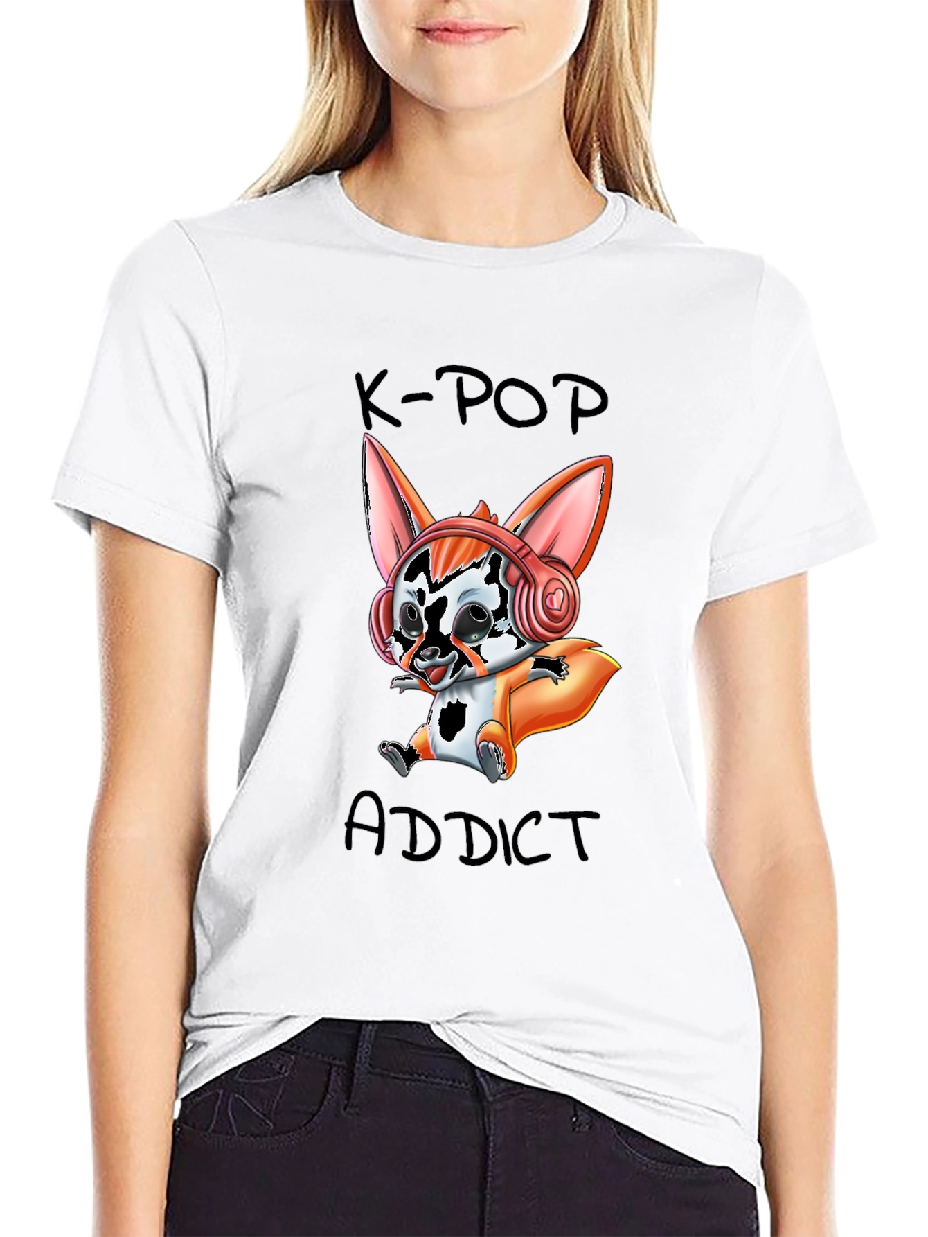 K-Pop Addict Cartoon Fox Graphic T-Shirt