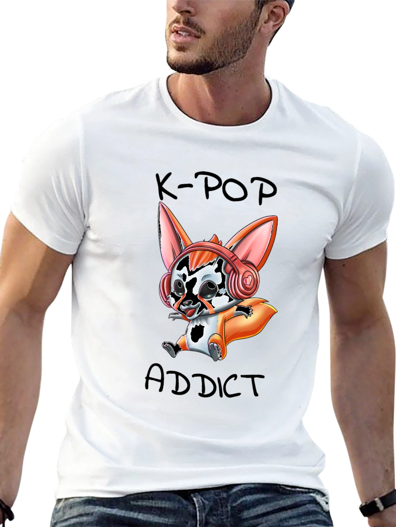 K-Pop Addict Cartoon Fox Graphic T-Shirt