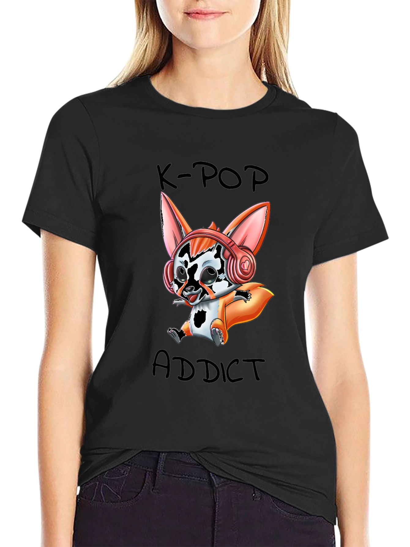 K-Pop Addict Cartoon Fox Graphic T-Shirt