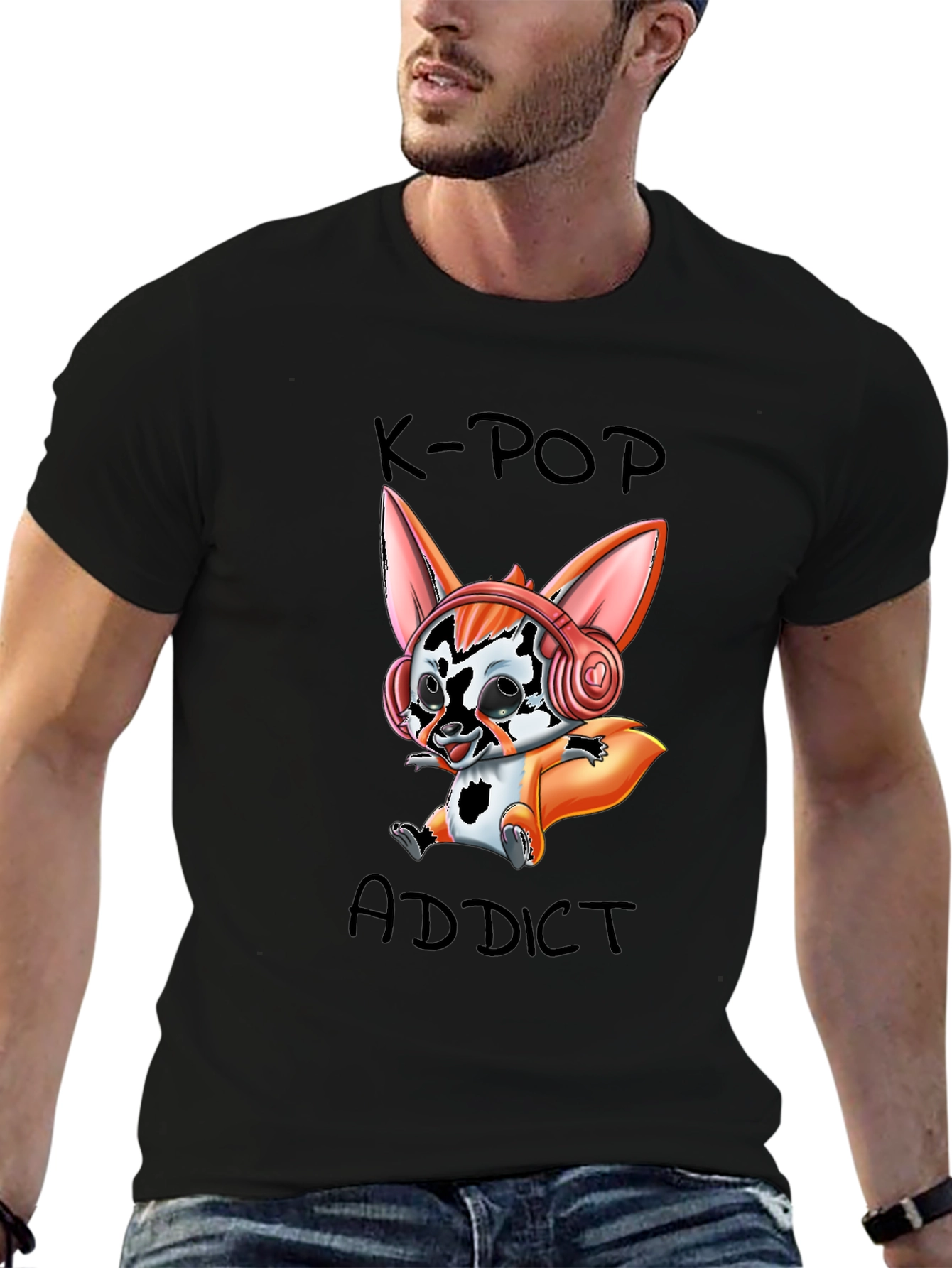 K-Pop Addict Cartoon Fox Graphic T-Shirt