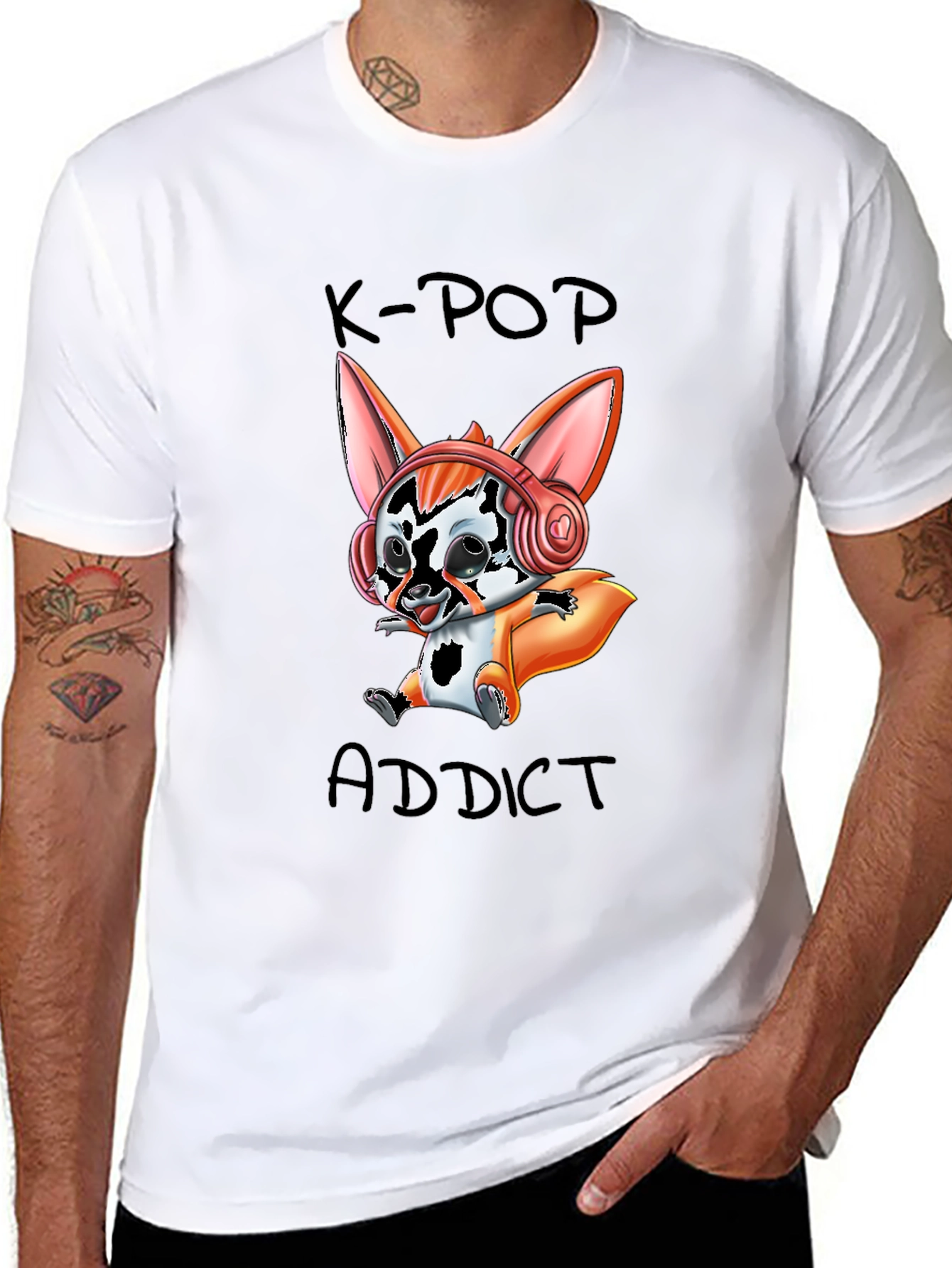 K-Pop Addict Cartoon Fox Graphic T-Shirt