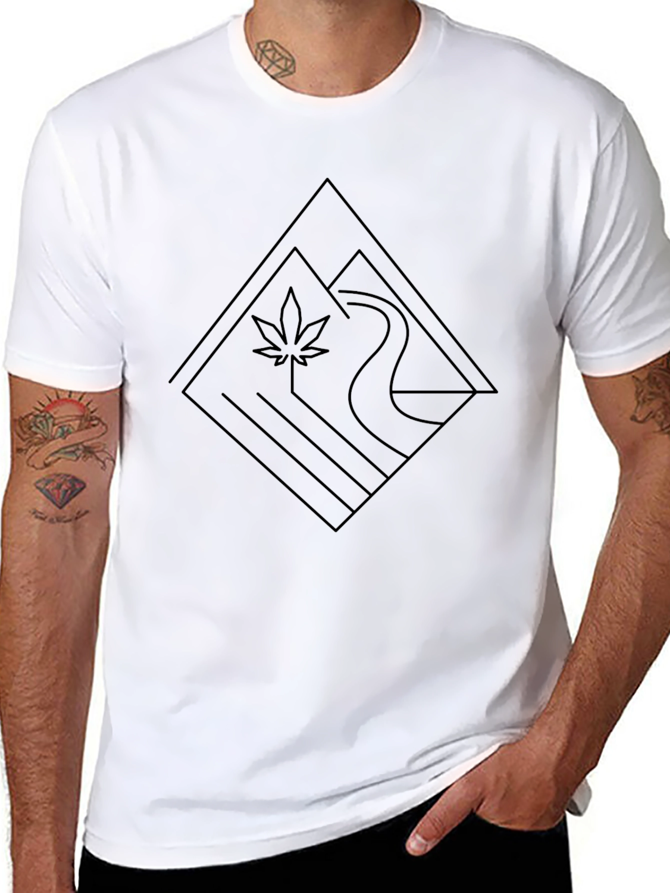 Modern Geometric River & Leaf Black T-Shirt