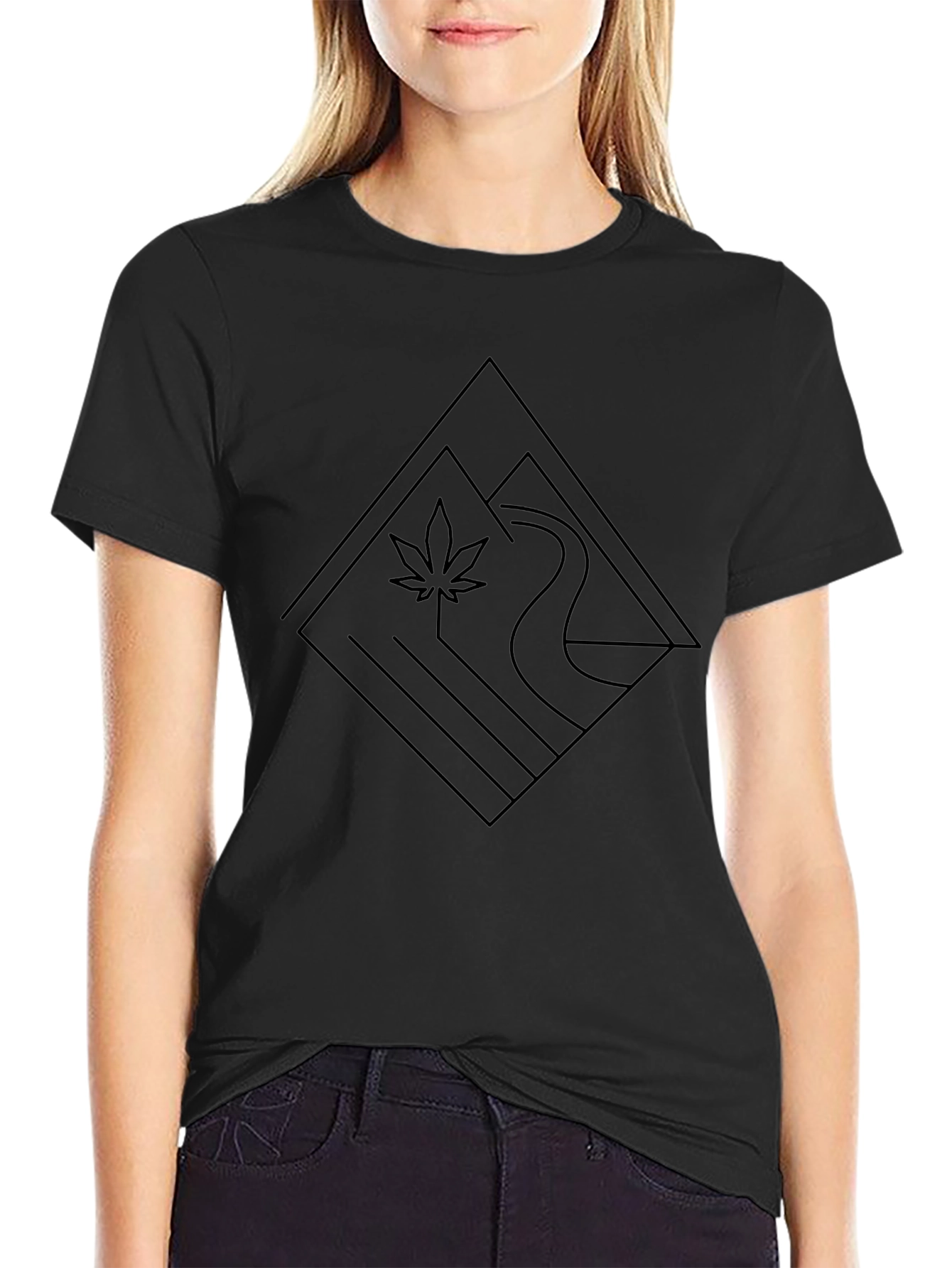 Modern Geometric River & Leaf Black T-Shirt