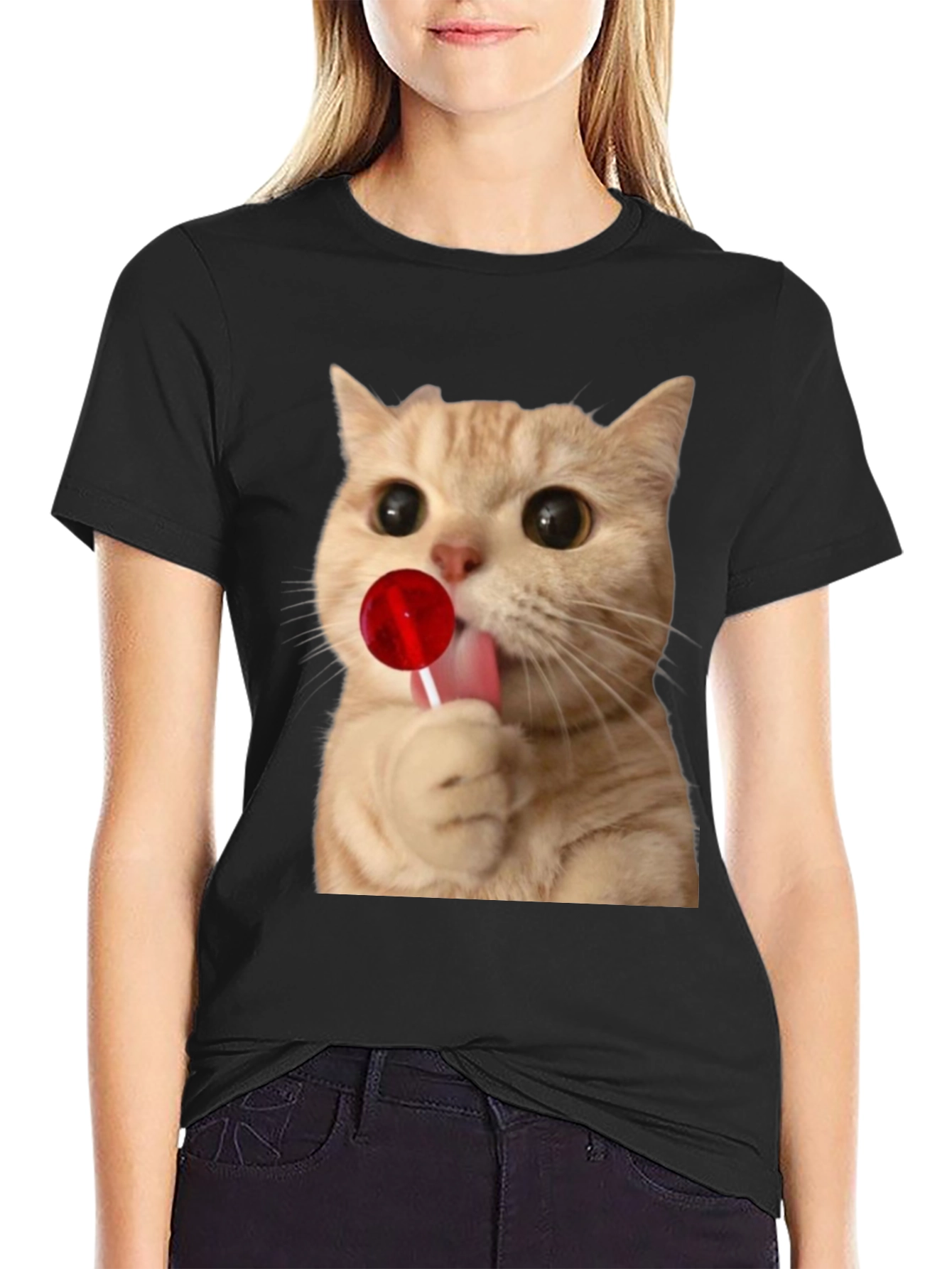 Cat Licking Lollipop Graphic T-Shirt - Unisex