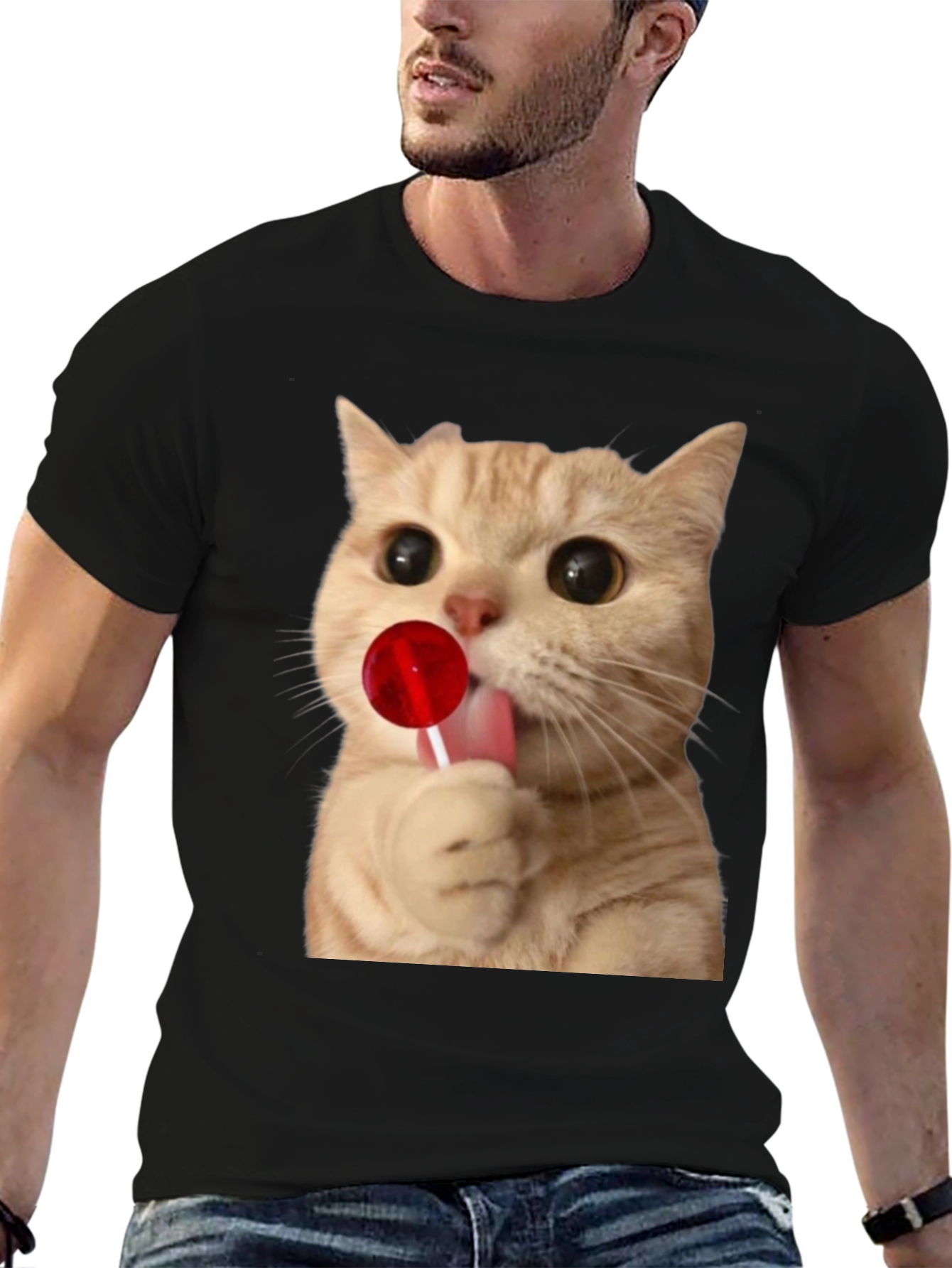 Cat Licking Lollipop Graphic T-Shirt - Unisex