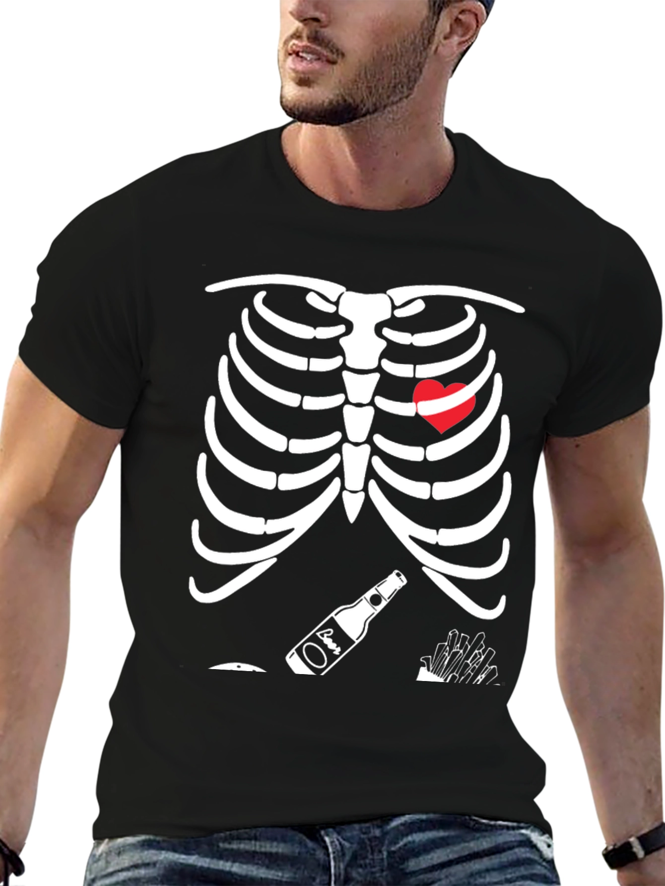 Funny Skeleton Beer Heart Graphic T-Shirt