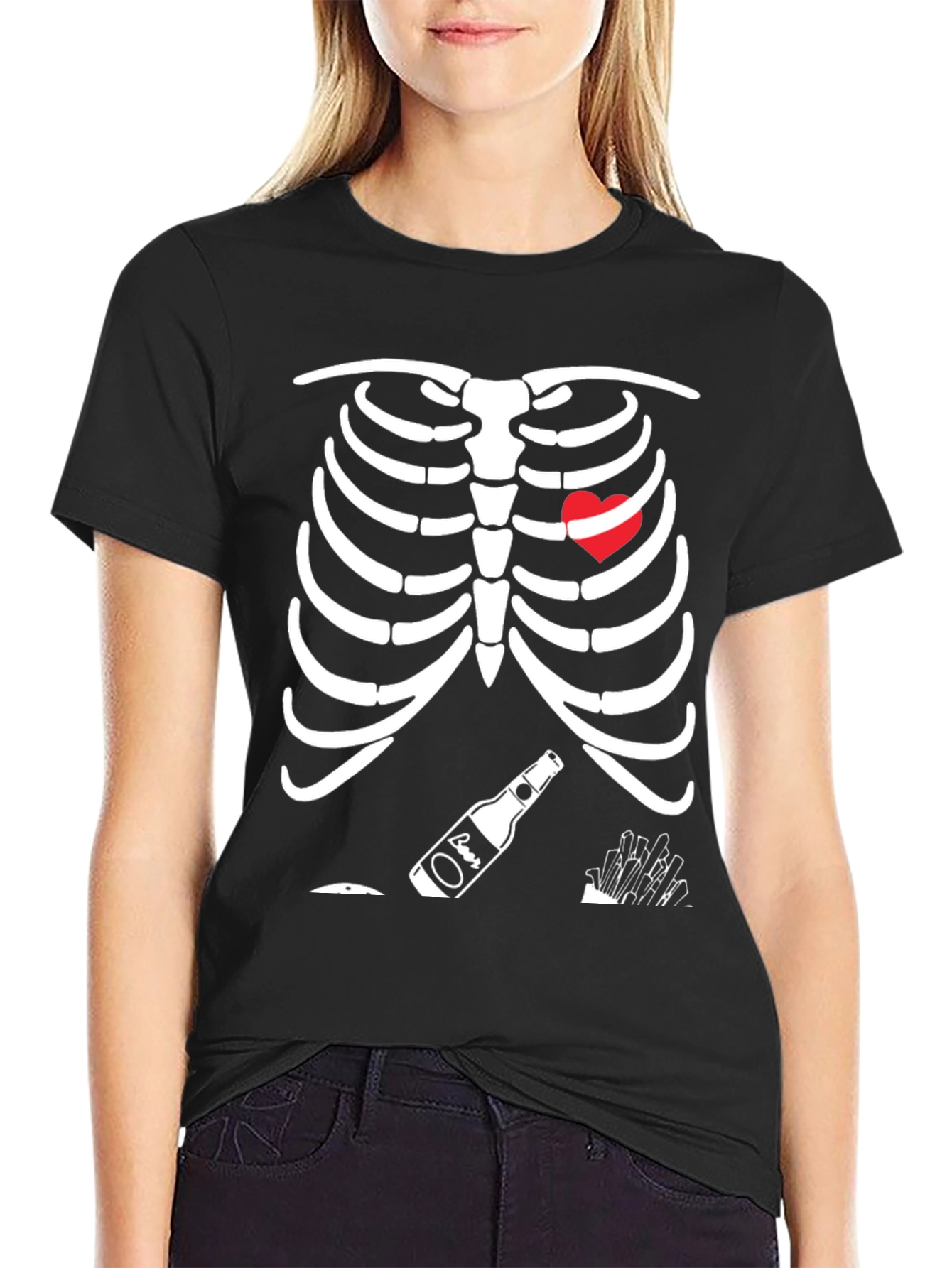 Funny Skeleton Beer Heart Graphic T-Shirt