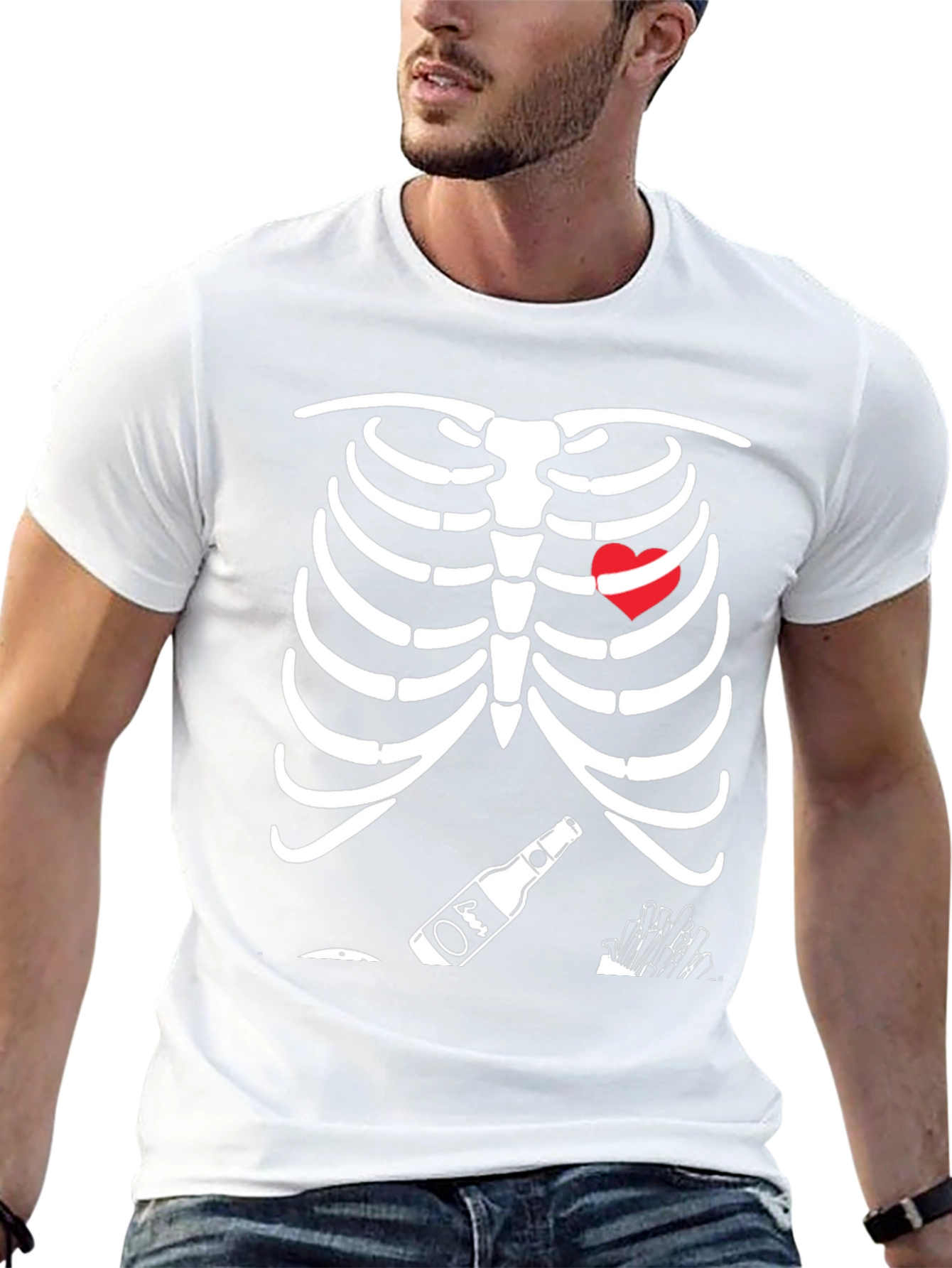 Funny Skeleton Beer Heart Graphic T-Shirt