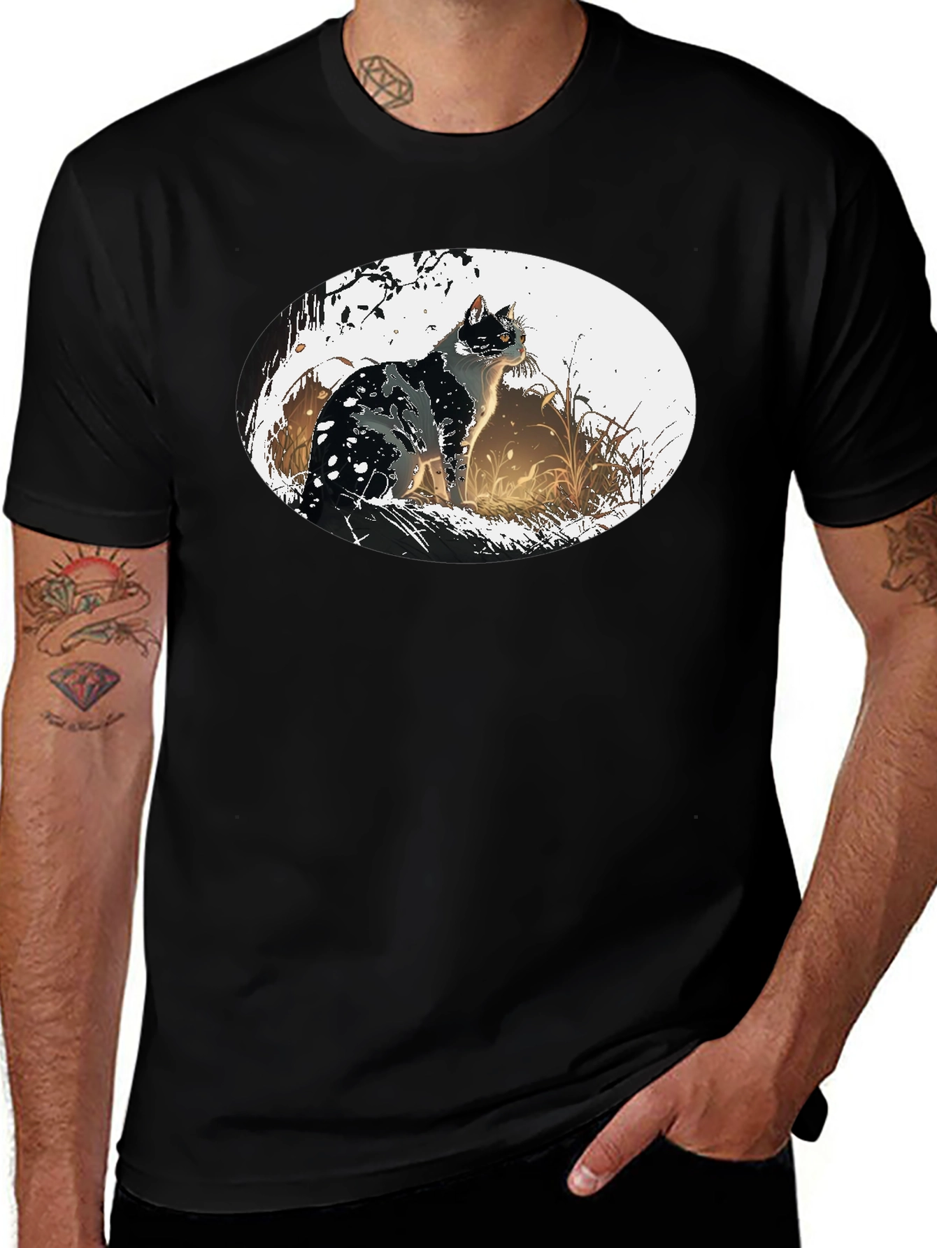 Black Cat Graphic Tee - Artistic Design