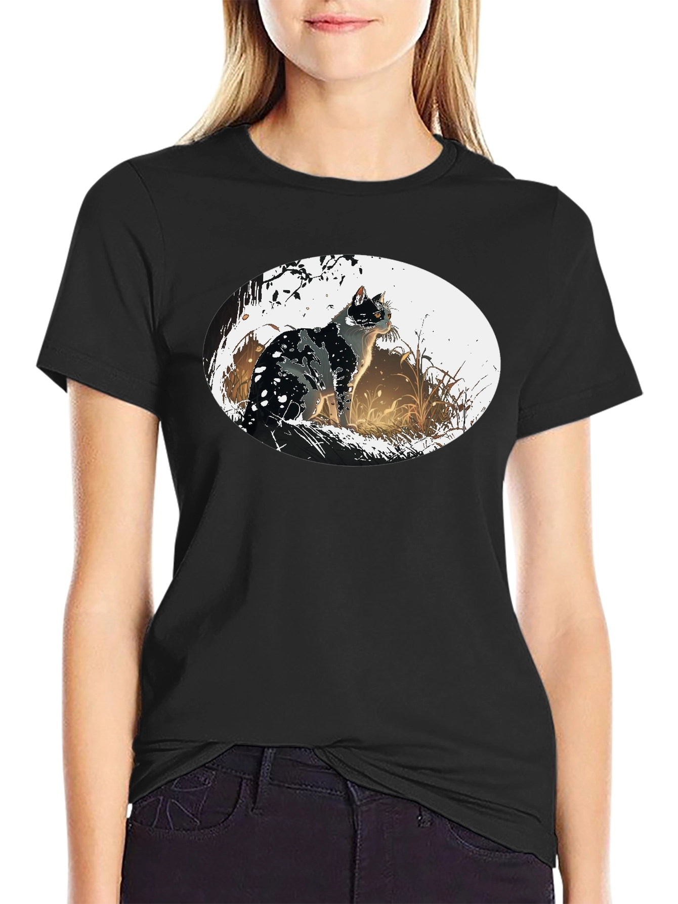 Black Cat Graphic Tee - Artistic Design