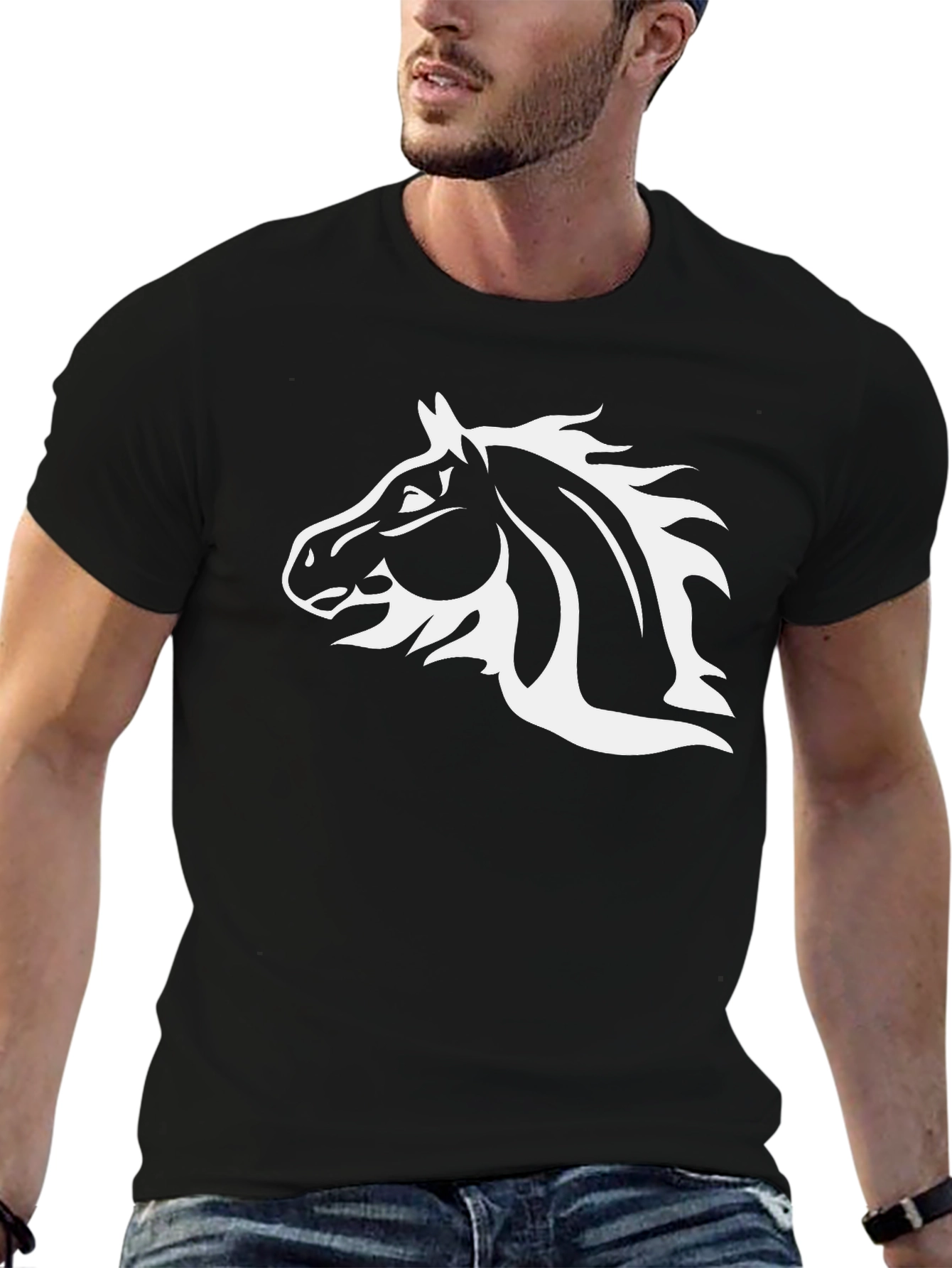 Black T-Shirt with White Horse Head Graphic