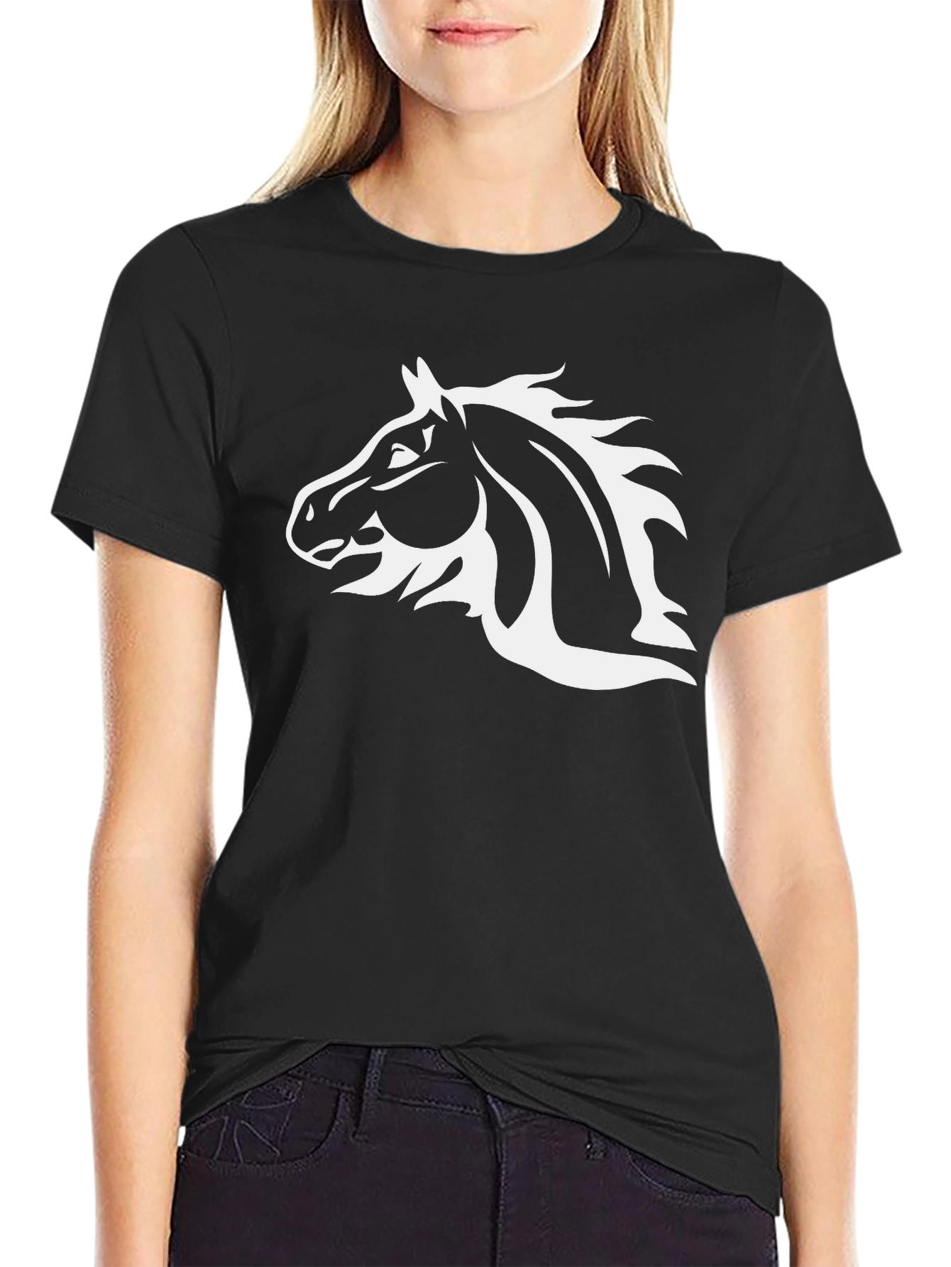 Black T-Shirt with White Horse Head Graphic
