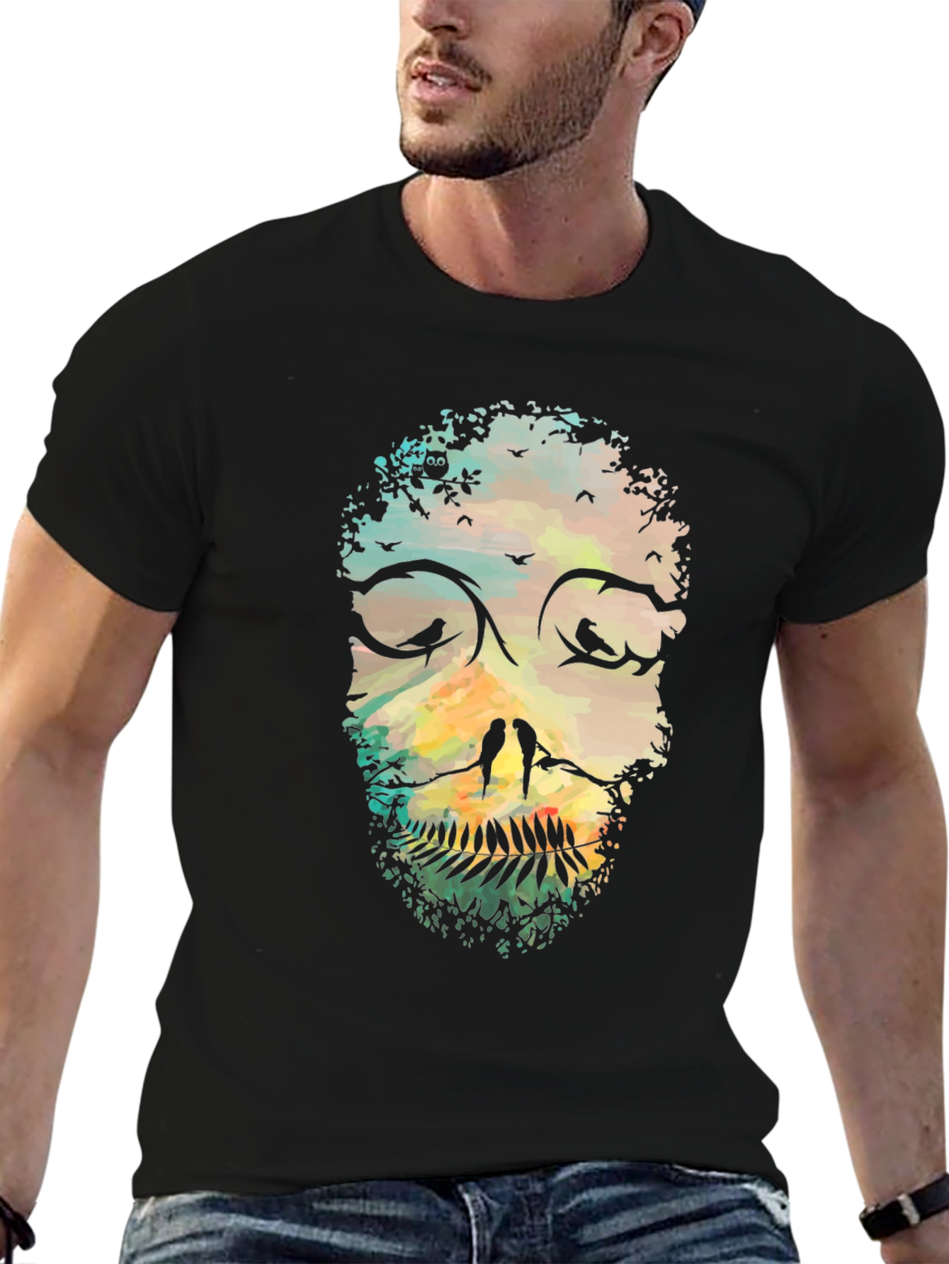 Nature Skull Graphic Tee - Black Cotton T-Shirt