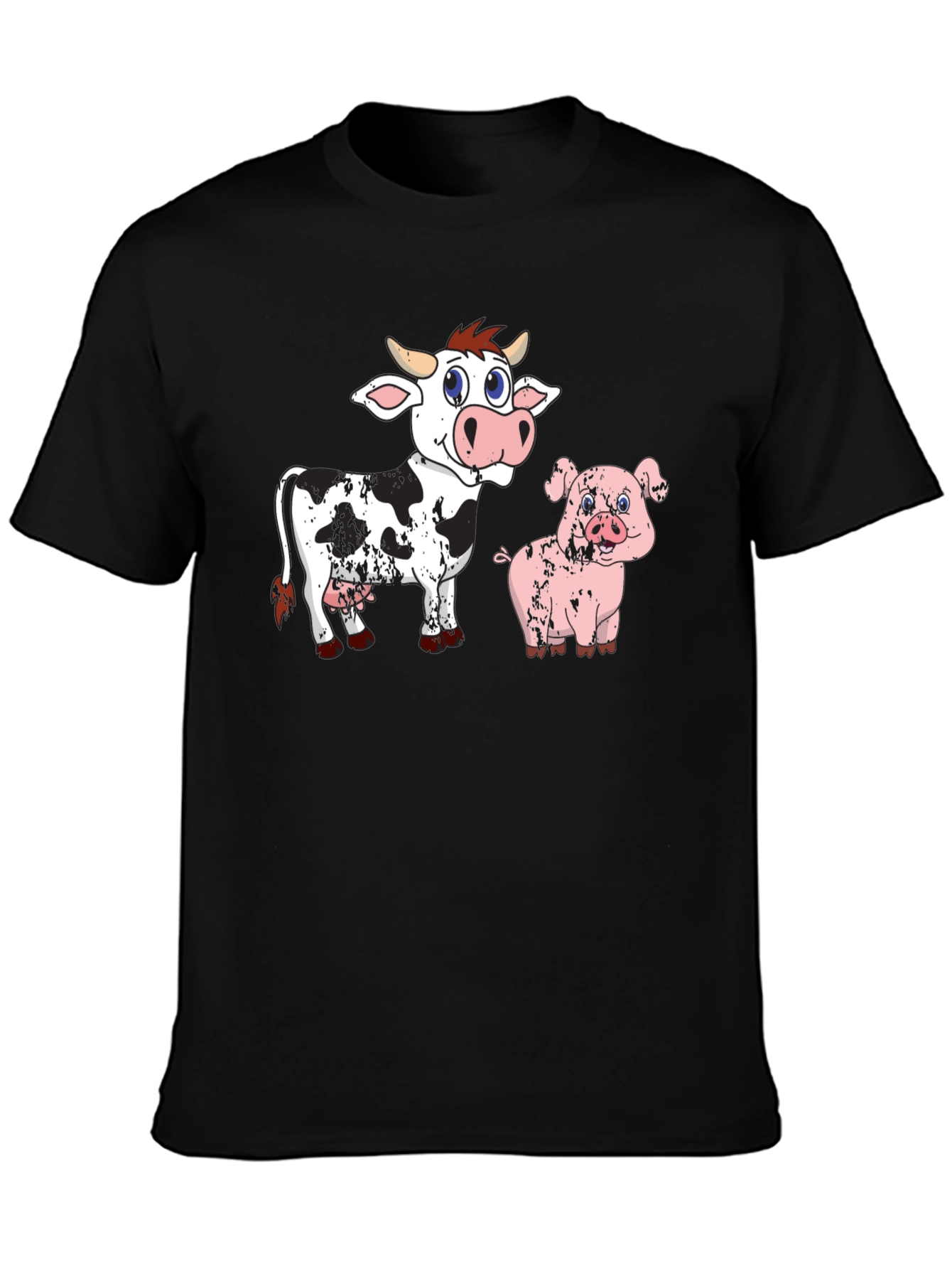 Cow & Pig Cartoon Graphic T-Shirt - Black