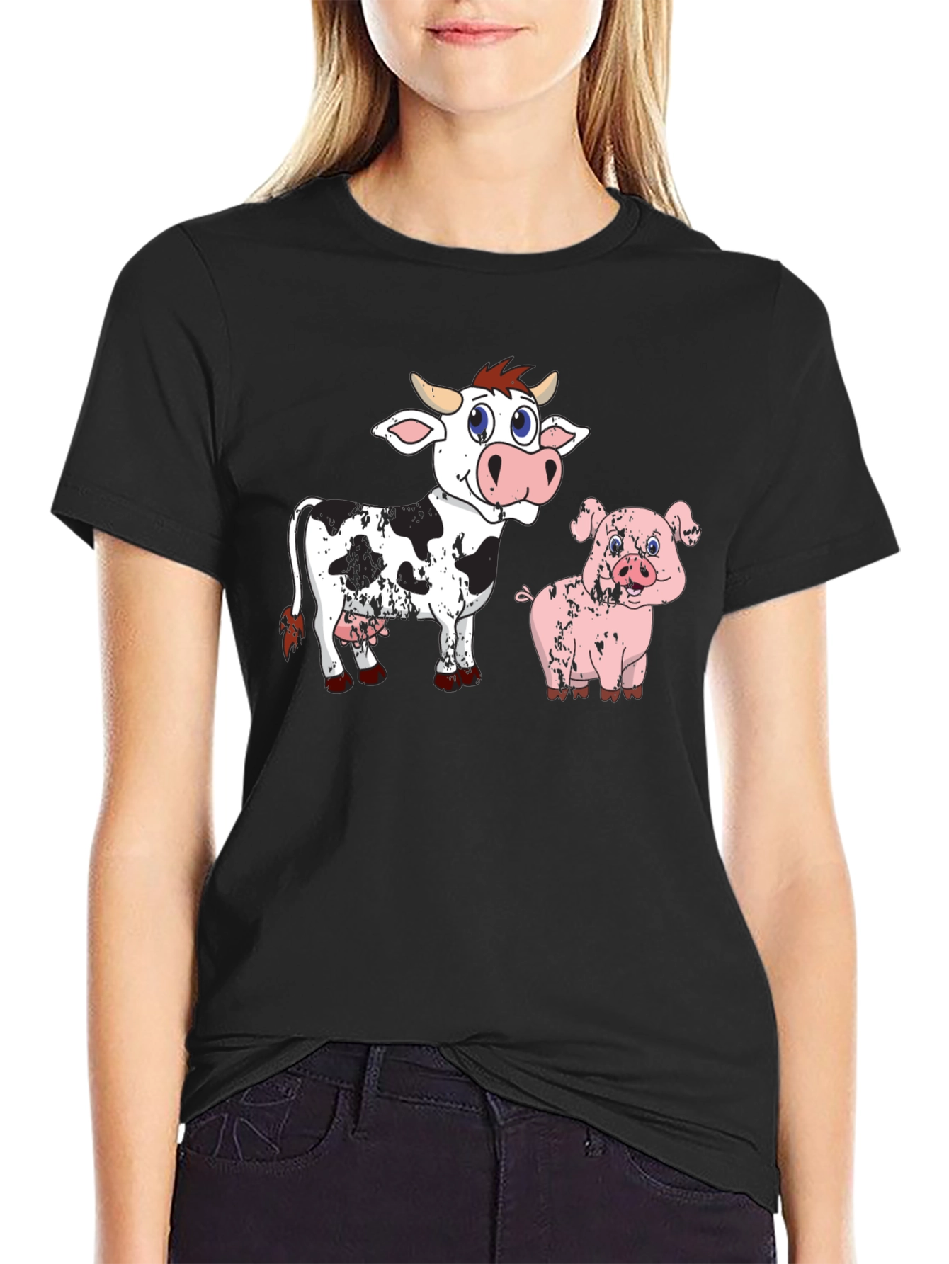 Cow & Pig Cartoon Graphic T-Shirt - Black