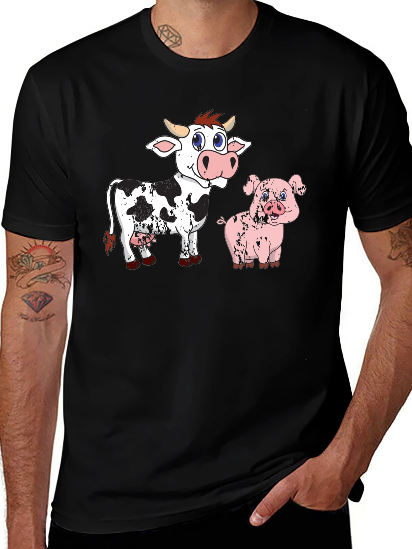 Cow & Pig Cartoon Graphic T-Shirt - Black