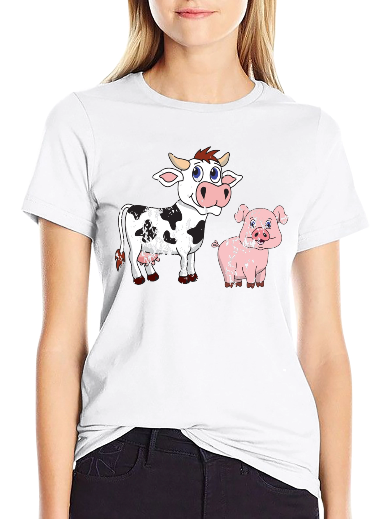 Cow & Pig Cartoon Graphic T-Shirt - Black