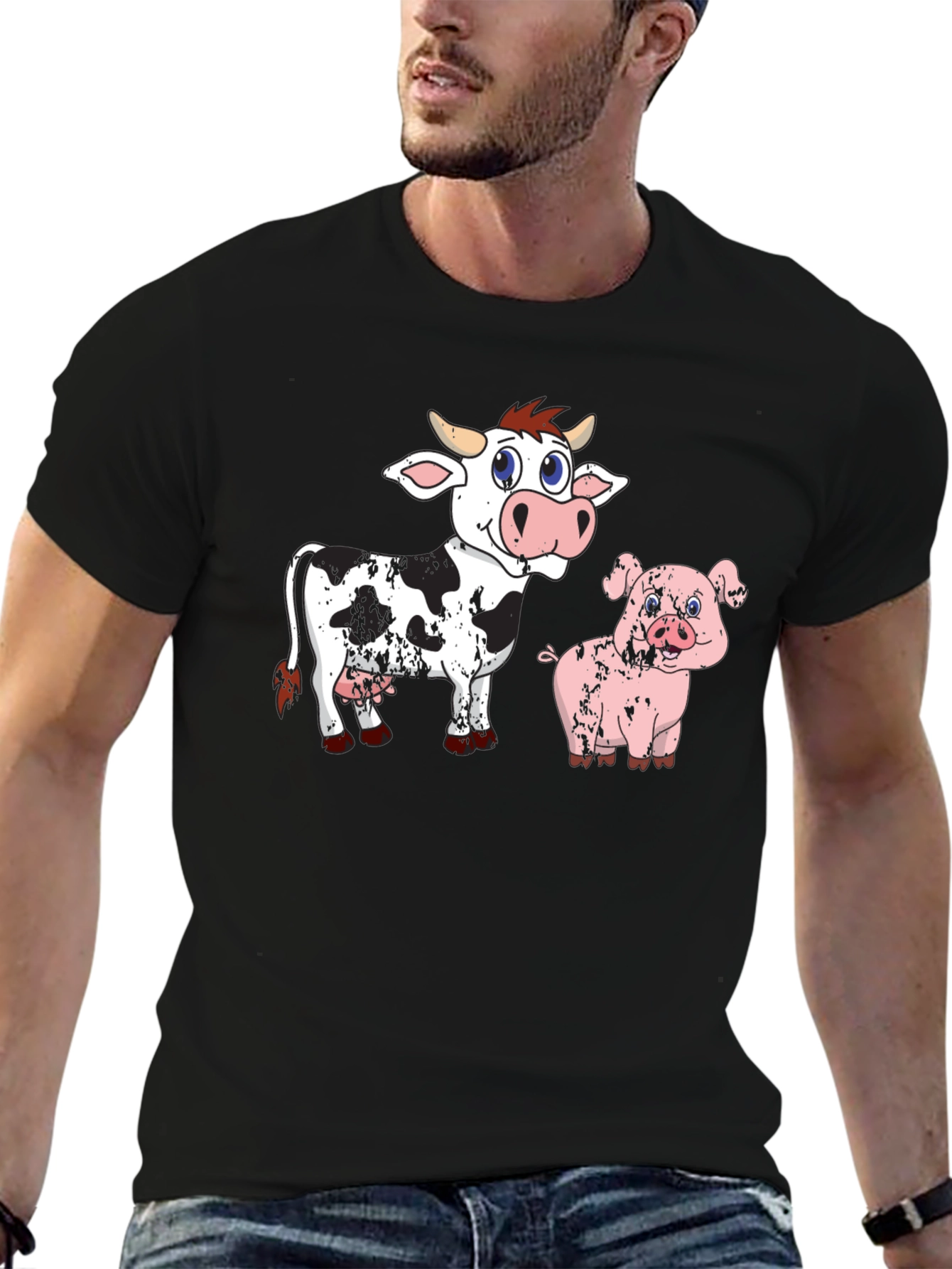 Cow & Pig Cartoon Graphic T-Shirt - Black