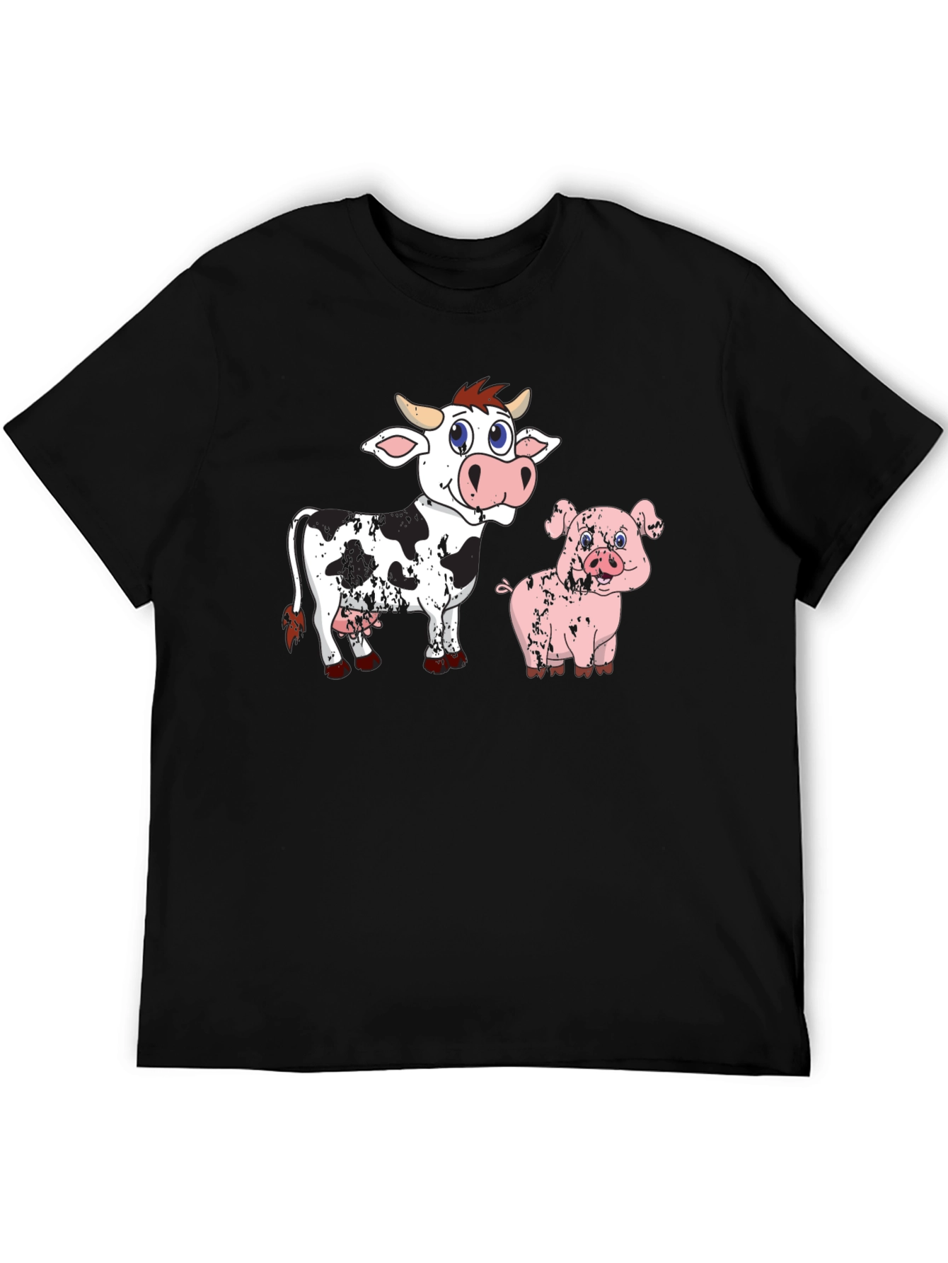 Cow & Pig Cartoon Graphic T-Shirt - Black