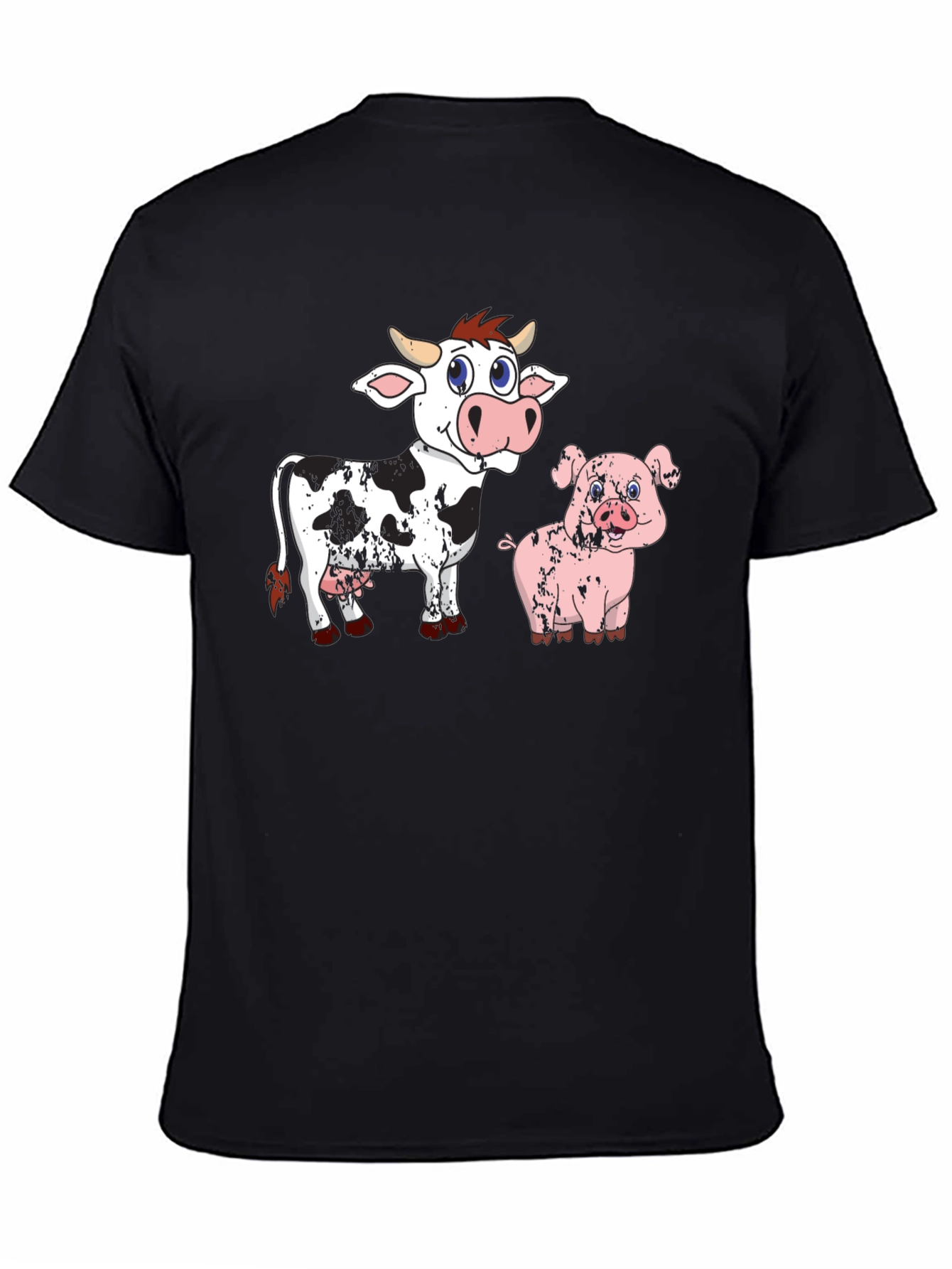 Cow & Pig Cartoon Graphic T-Shirt - Black