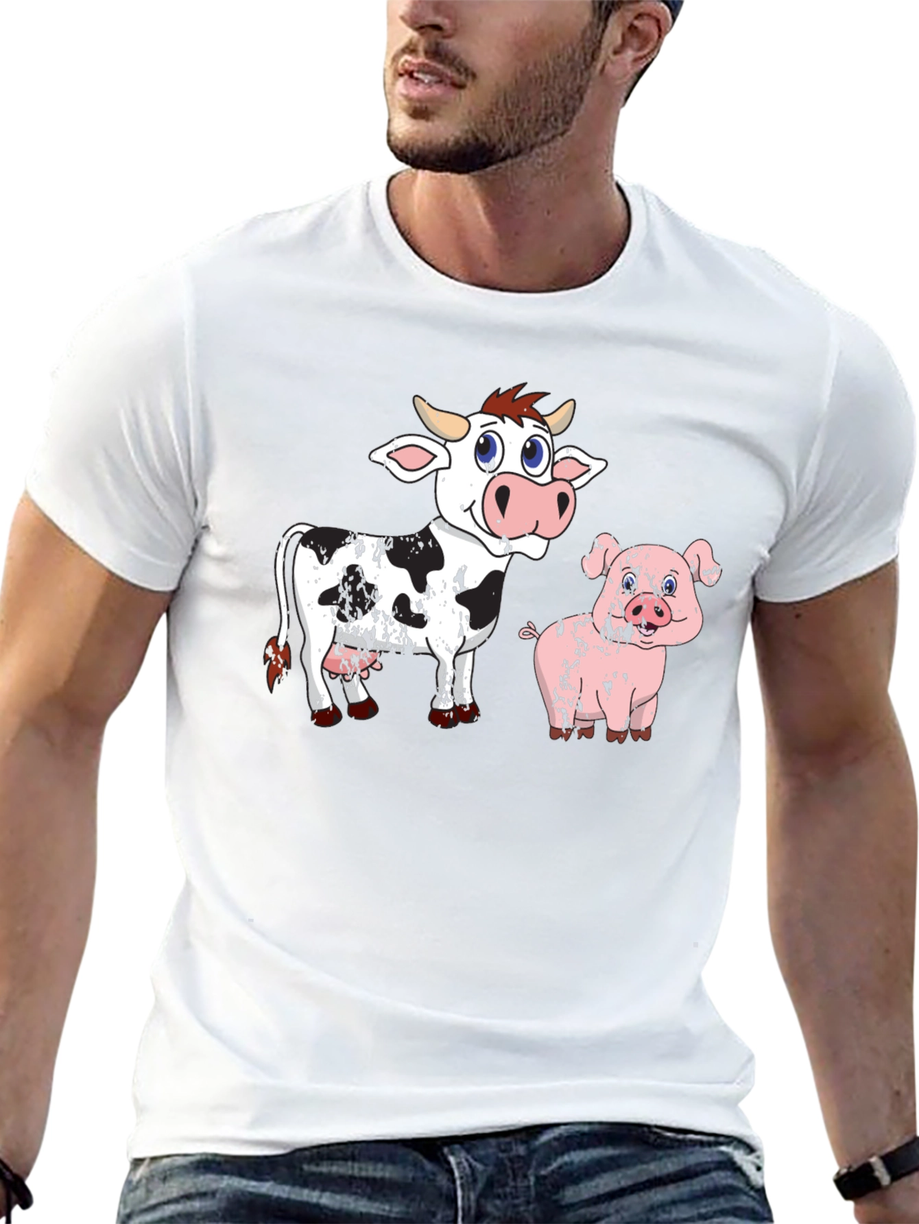 Cow & Pig Cartoon Graphic T-Shirt - Black