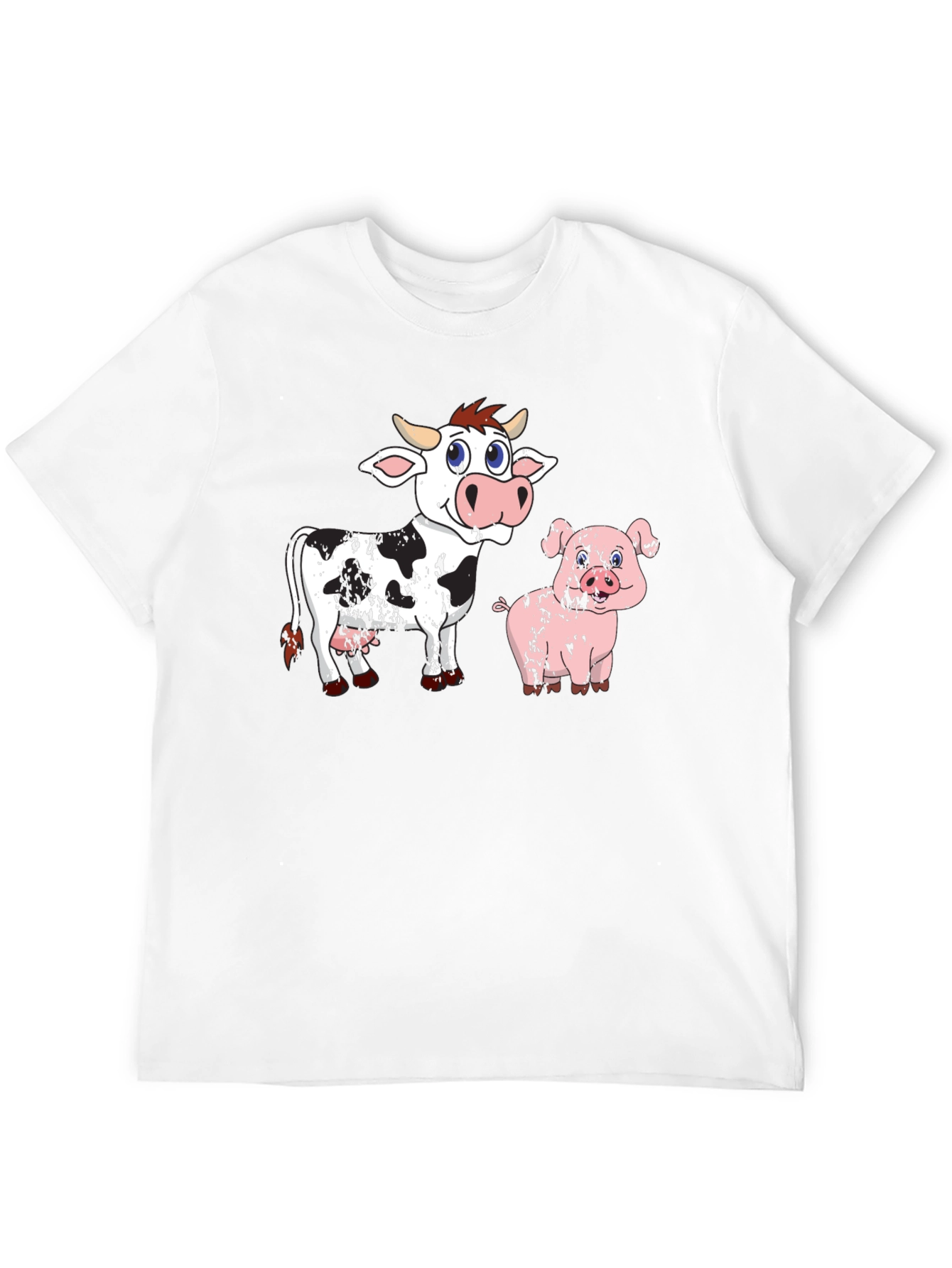 Cow & Pig Cartoon Graphic T-Shirt - Black