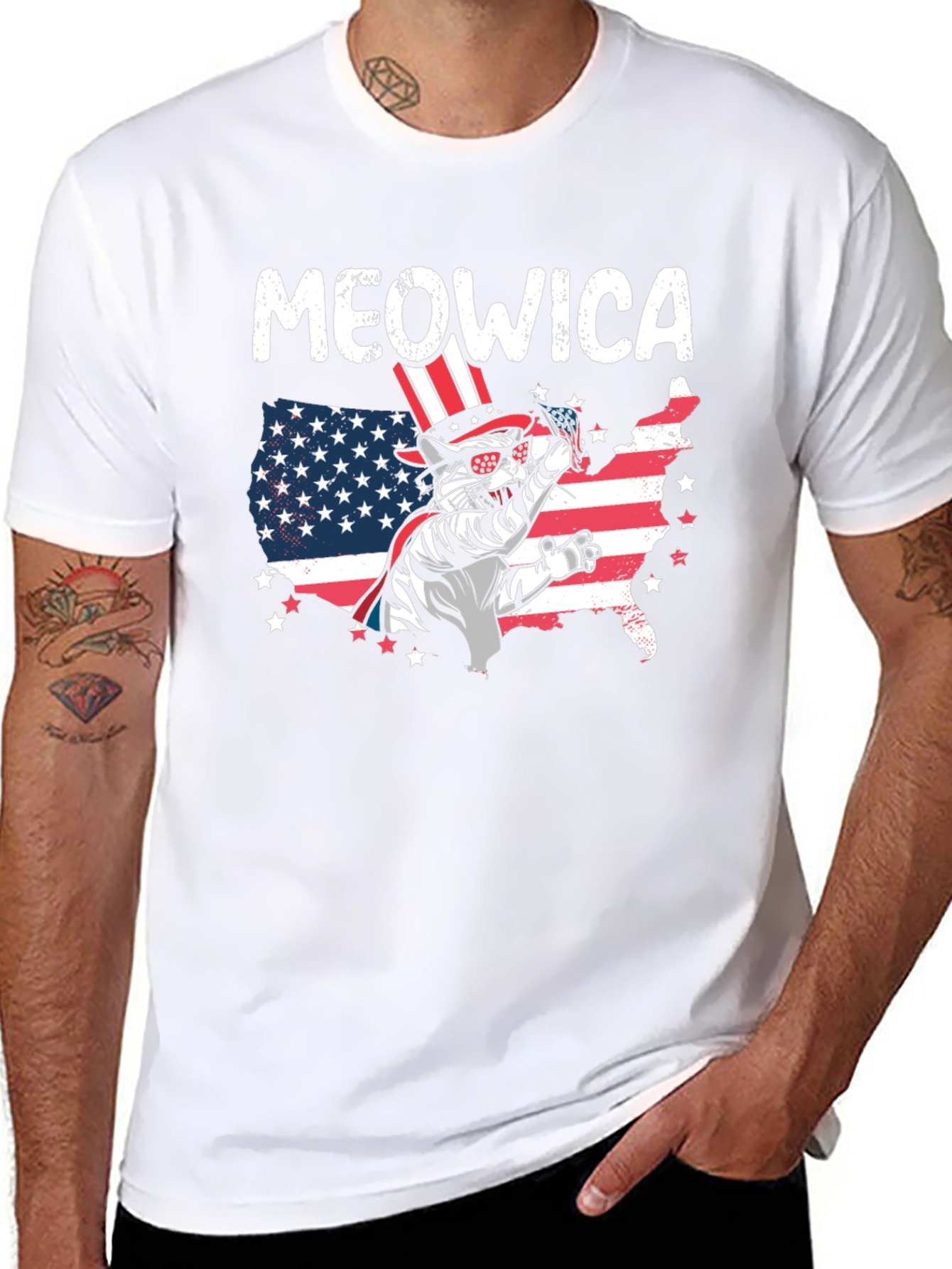 Meowica Patriotic Cat USA Flag Graphic T-Shirt