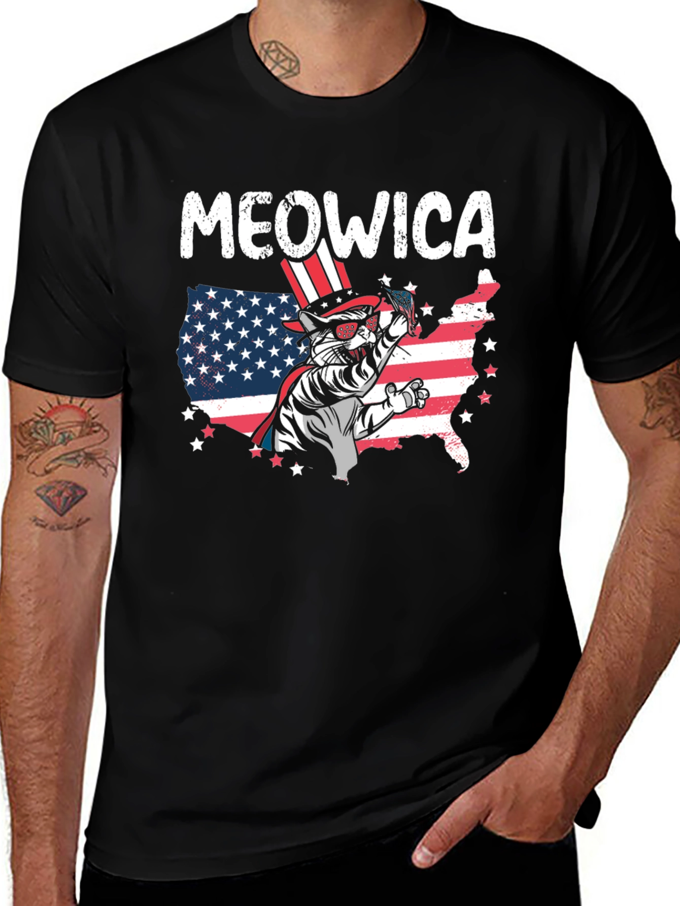 Meowica Patriotic Cat USA Flag Graphic T-Shirt