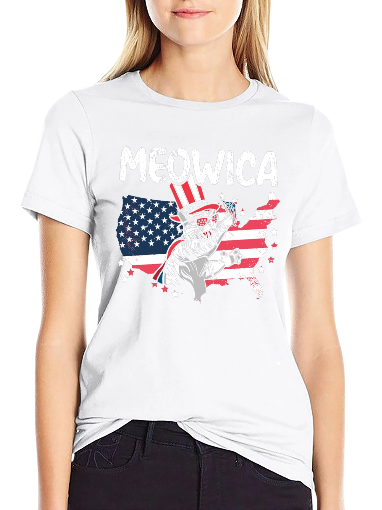 Meowica Patriotic Cat USA Flag Graphic T-Shirt