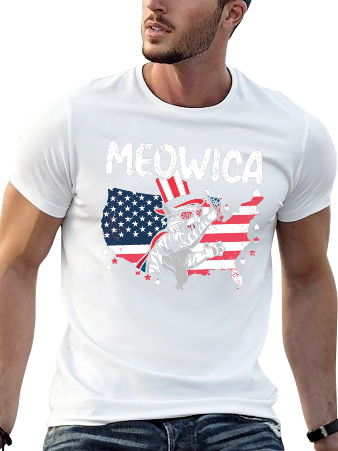 Meowica Patriotic Cat USA Flag Graphic T-Shirt