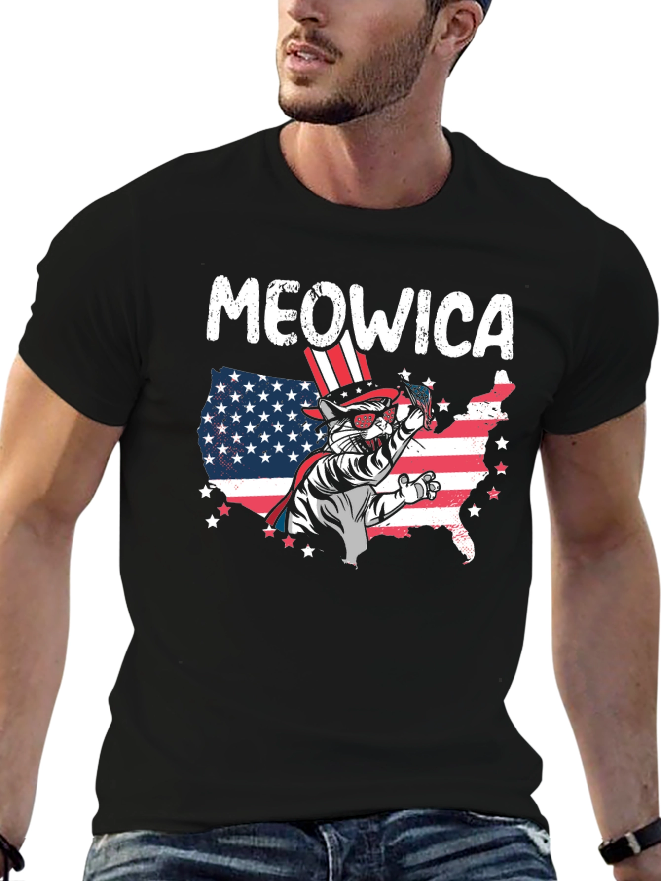 Meowica Patriotic Cat USA Flag Graphic T-Shirt