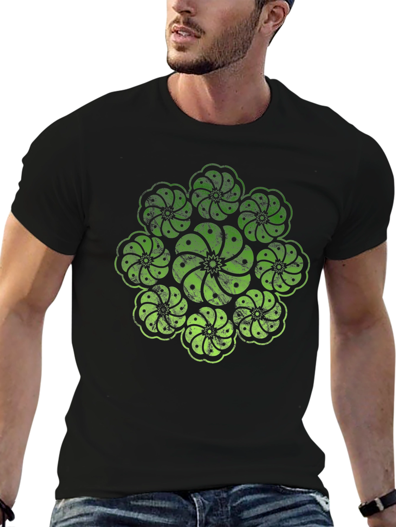 Geometric Floral Graphic Print Mens Black T-Shirt