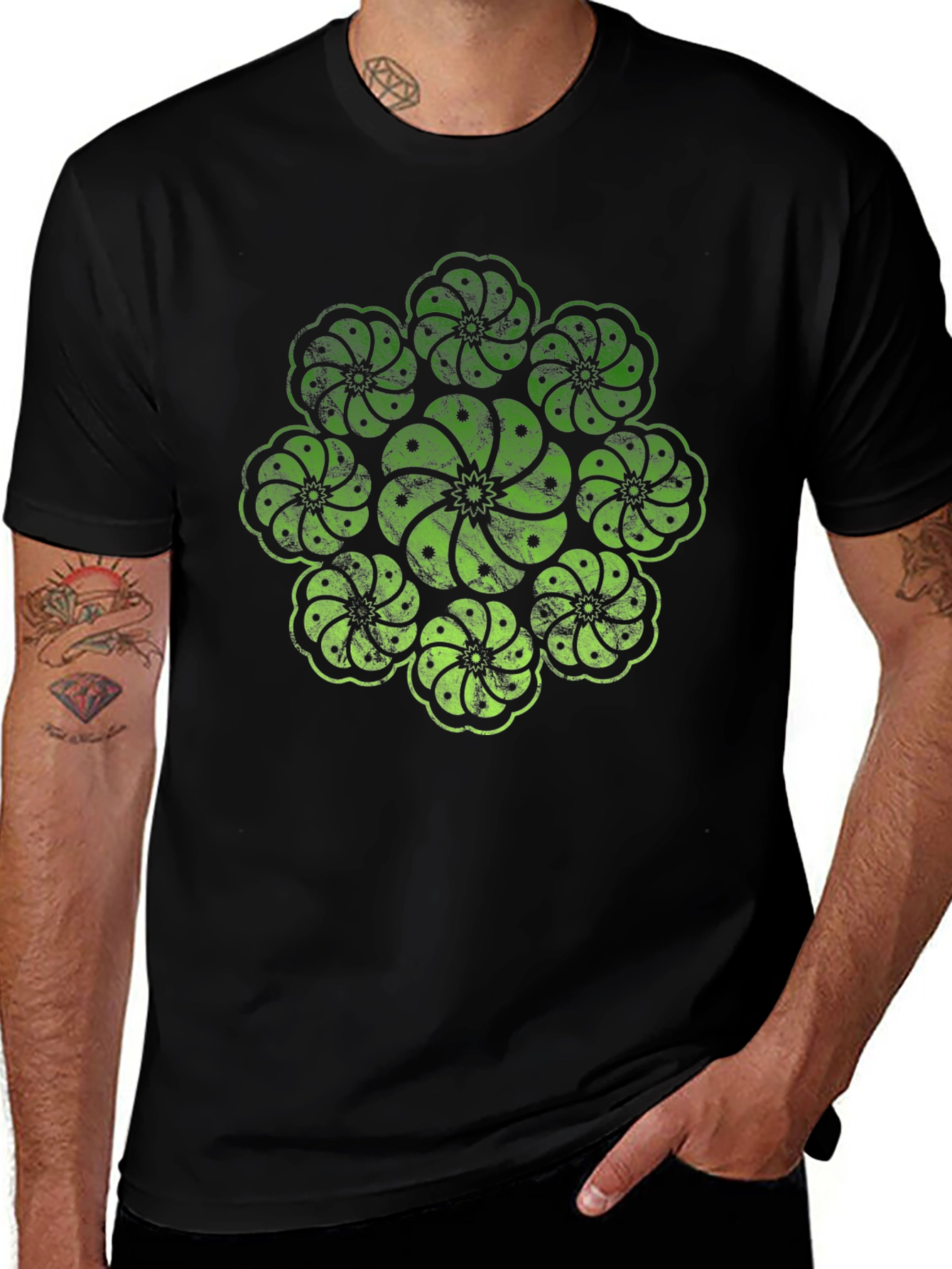 Geometric Floral Graphic Print Mens Black T-Shirt