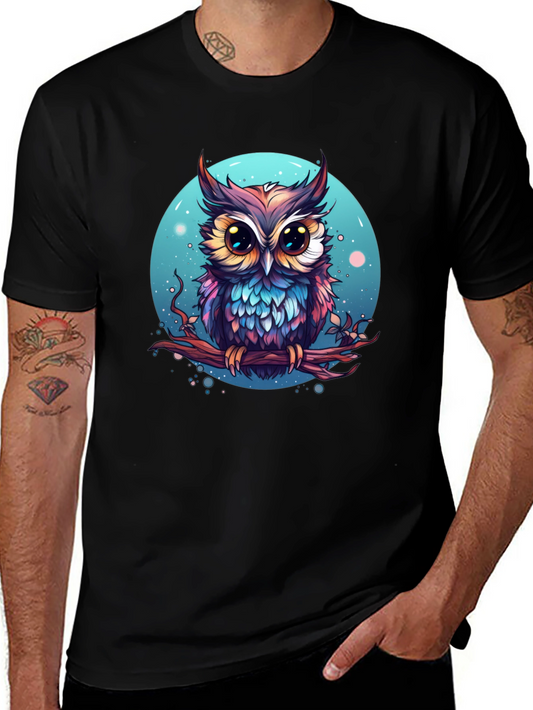 Colorful Owl Graphic Print Black T-Shirt