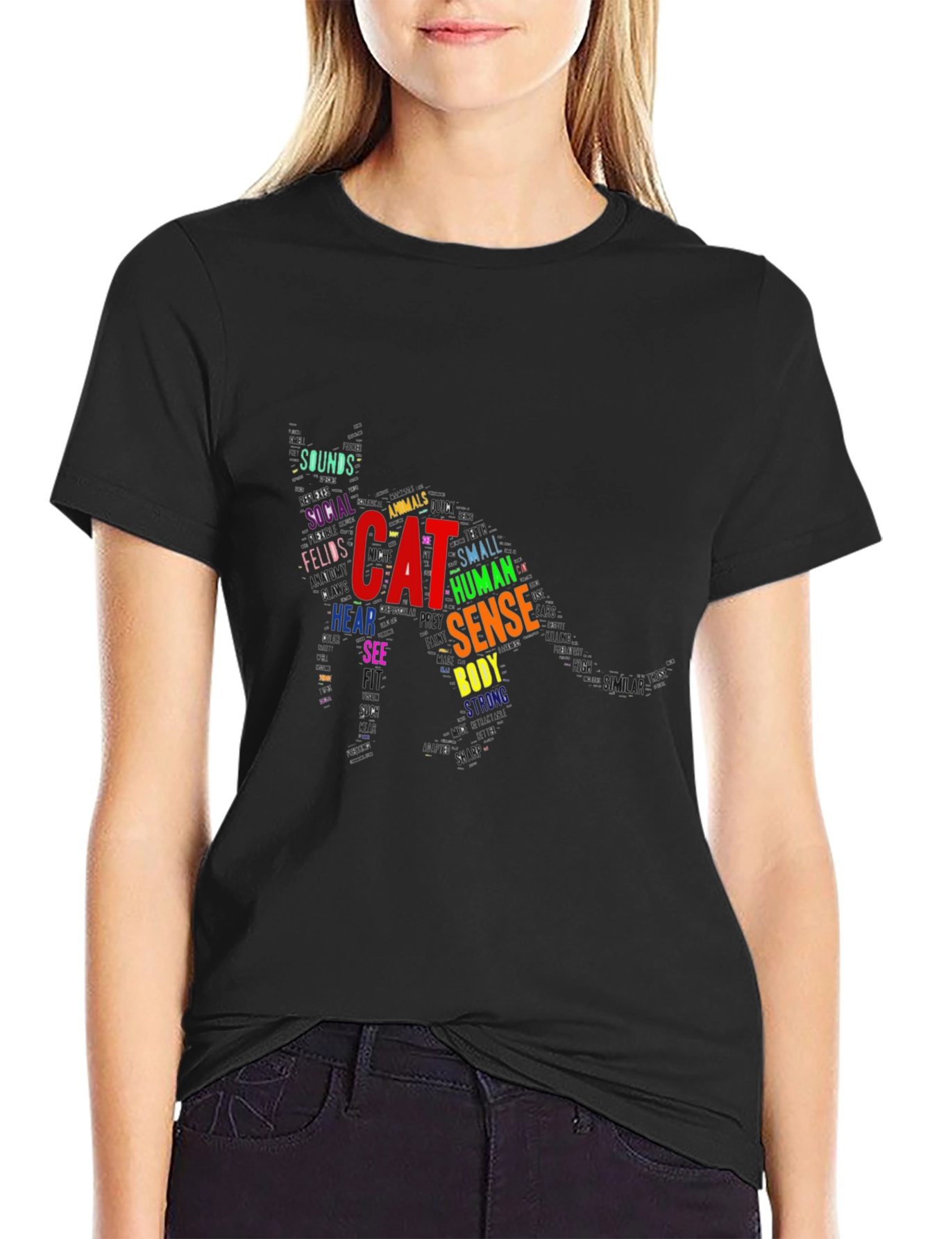 Cat Word Art Black T-Shirt Unique Design
