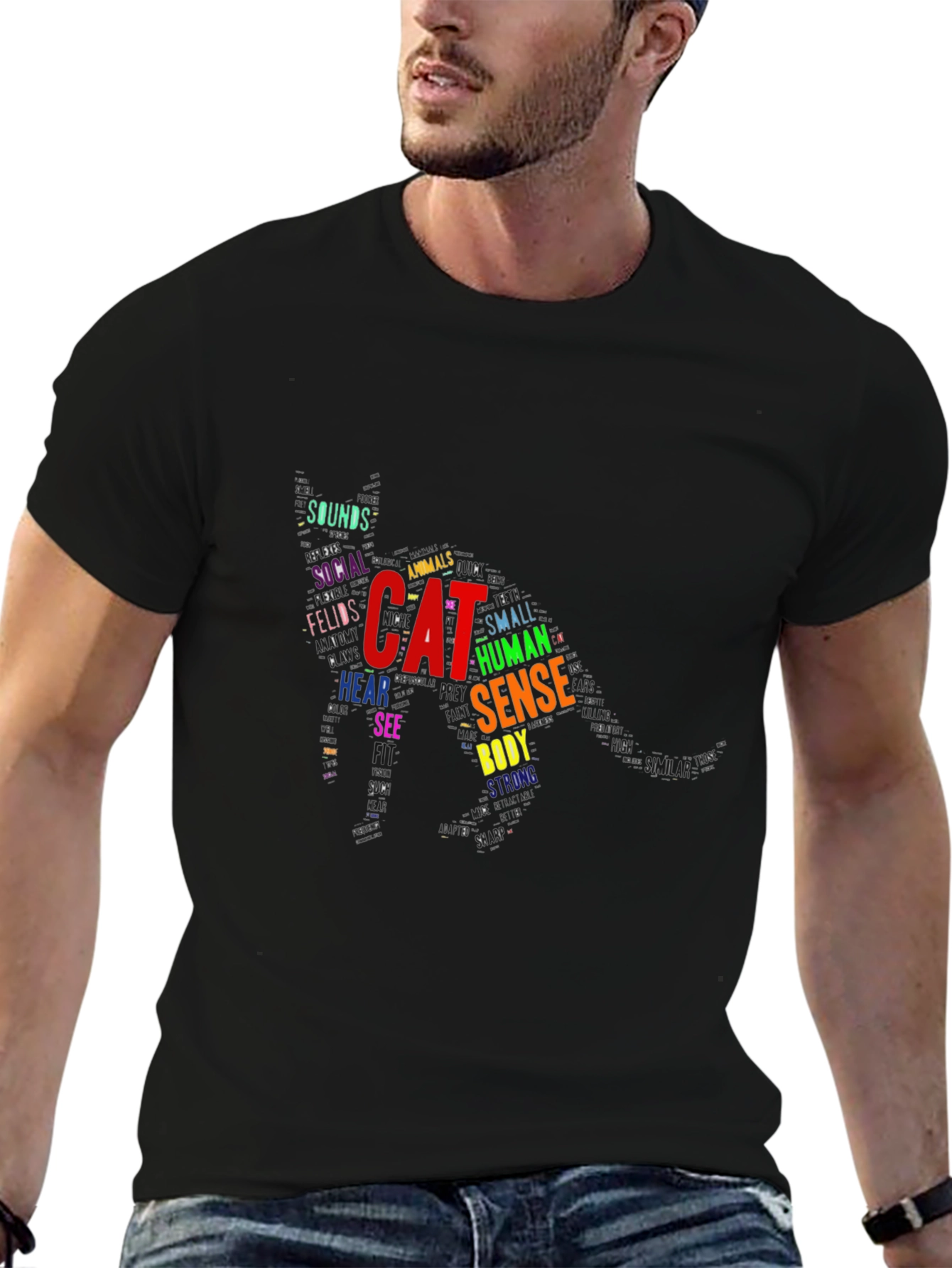 Cat Word Art Black T-Shirt Unique Design
