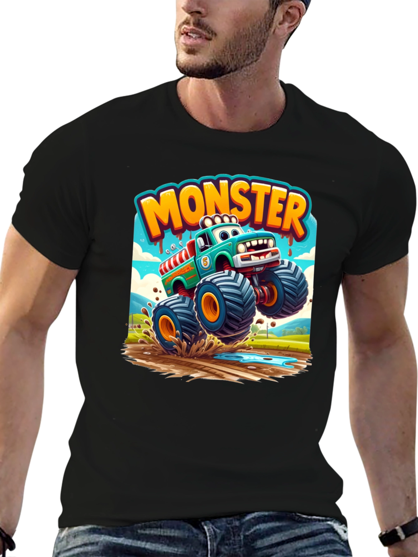 Monster Truck Cartoon Graphic Print Black T-Shirt