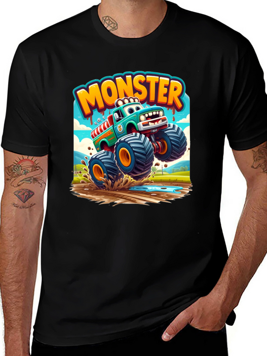 Monster Truck Cartoon Graphic Print Black T-Shirt