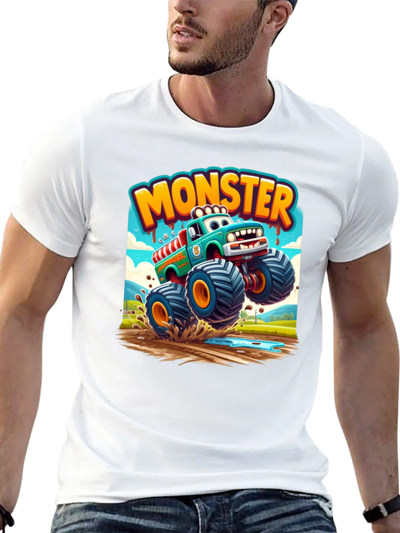 Monster Truck Cartoon Graphic Print Black T-Shirt