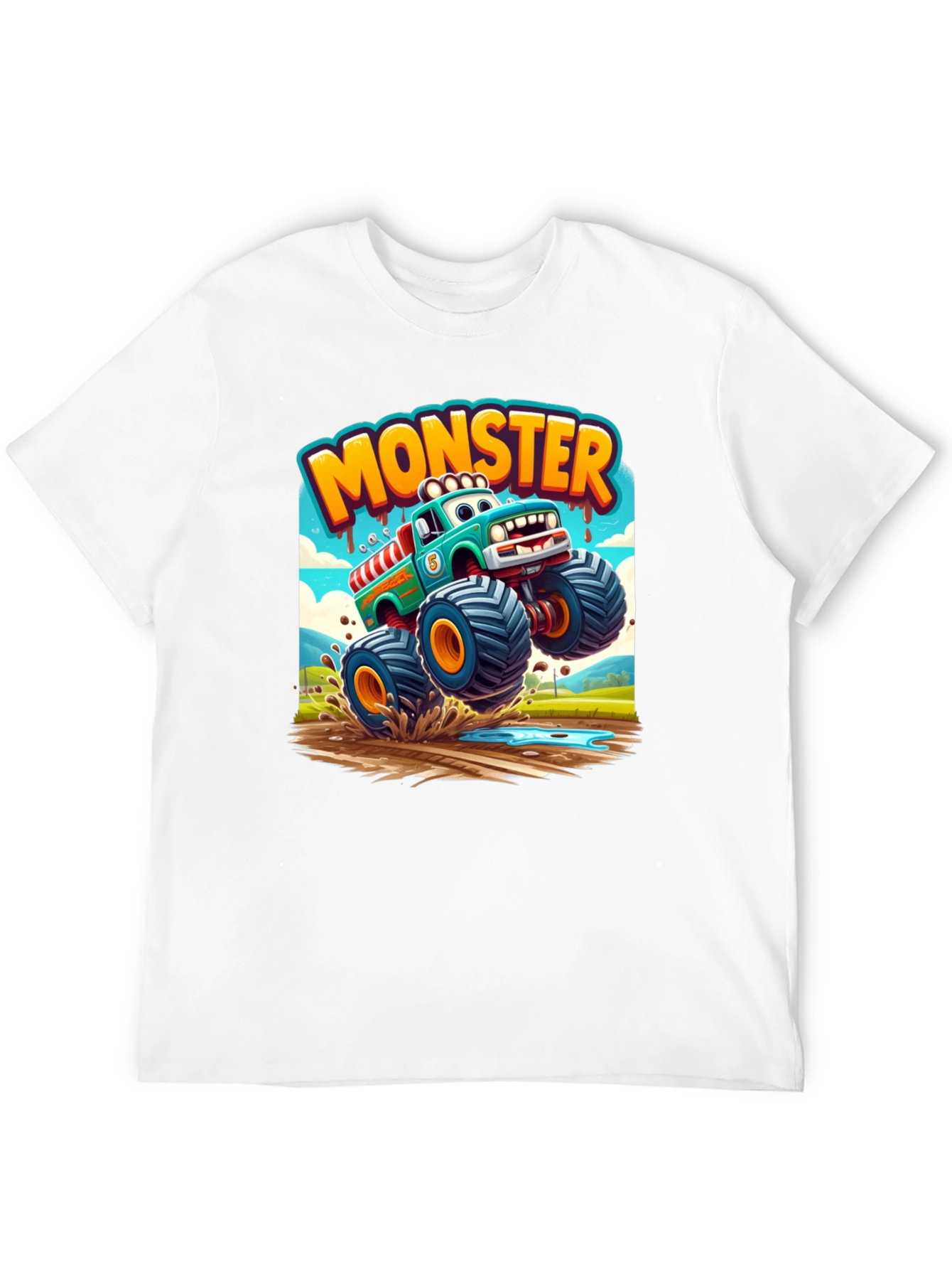 Monster Truck Cartoon Graphic Print Black T-Shirt