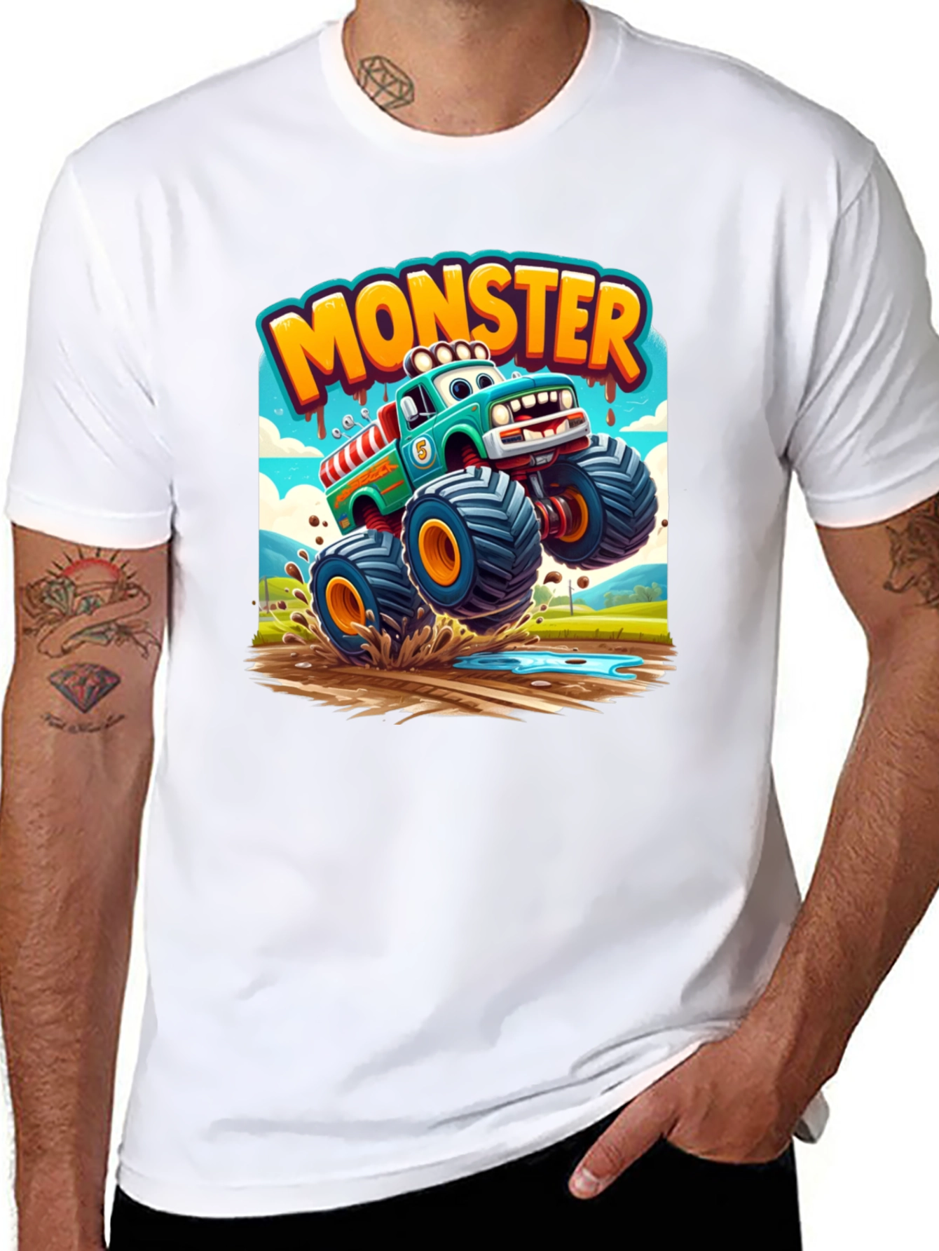 Monster Truck Cartoon Graphic Print Black T-Shirt