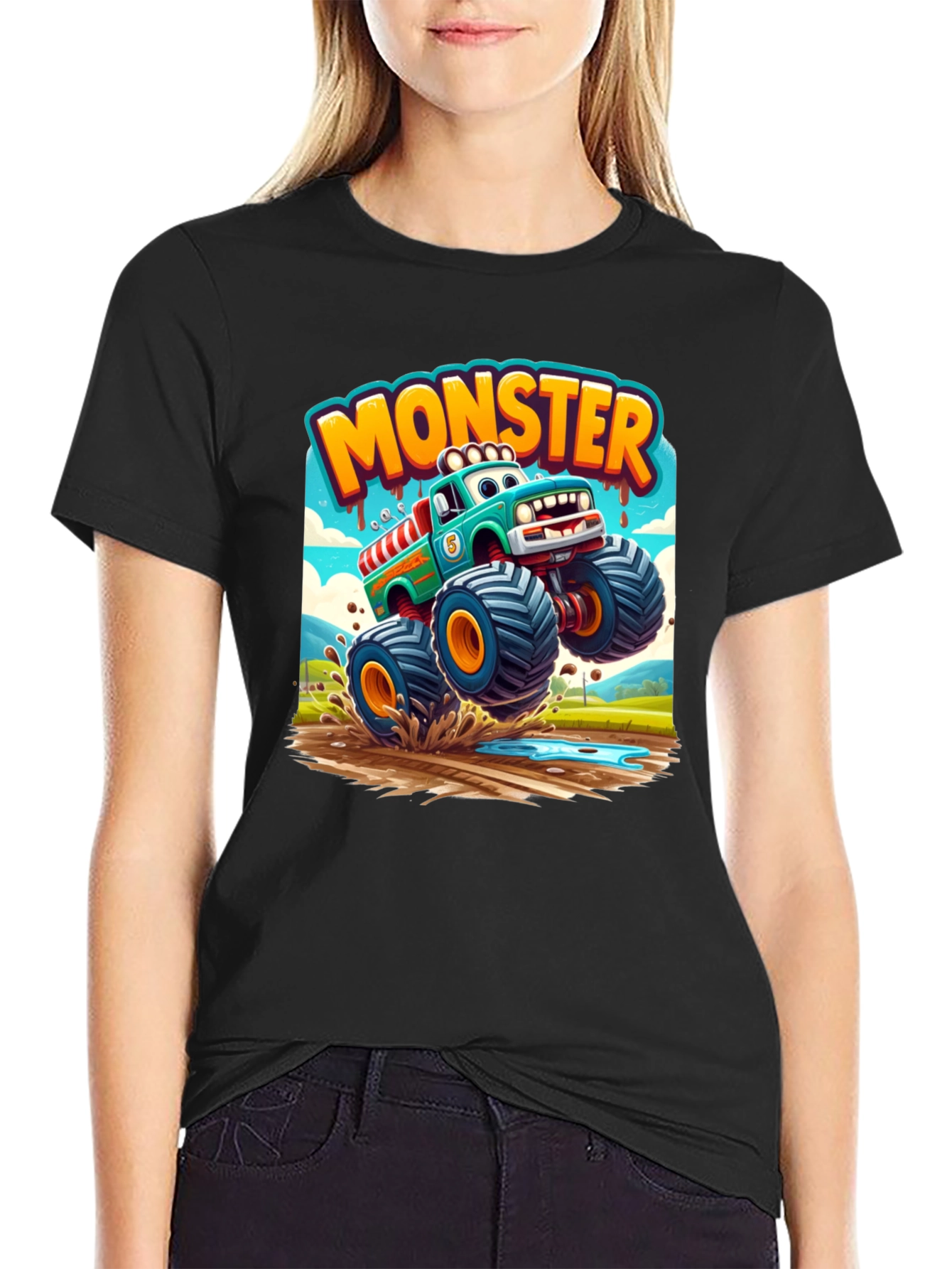 Monster Truck Cartoon Graphic Print Black T-Shirt
