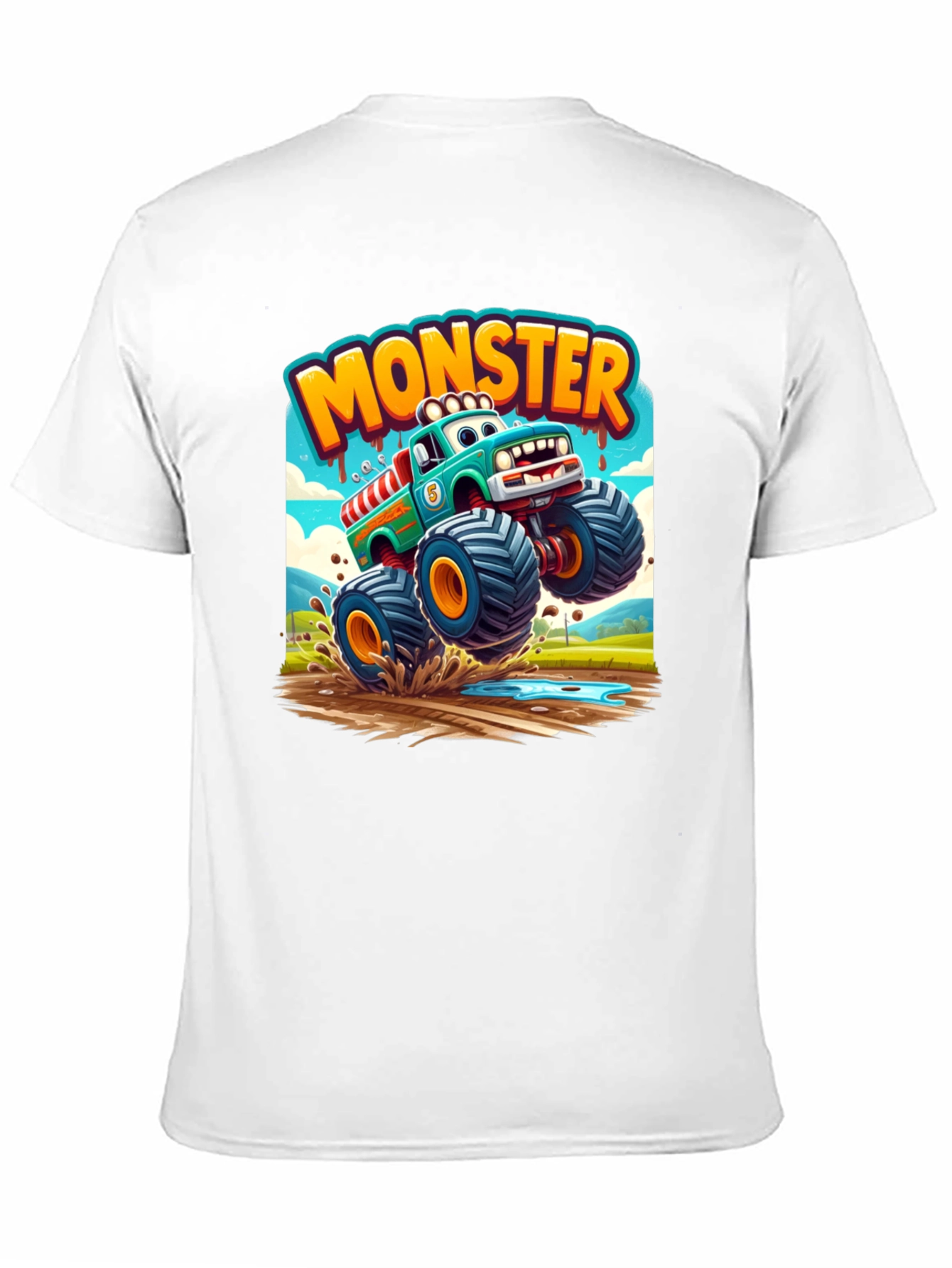 Monster Truck Cartoon Graphic Print Black T-Shirt