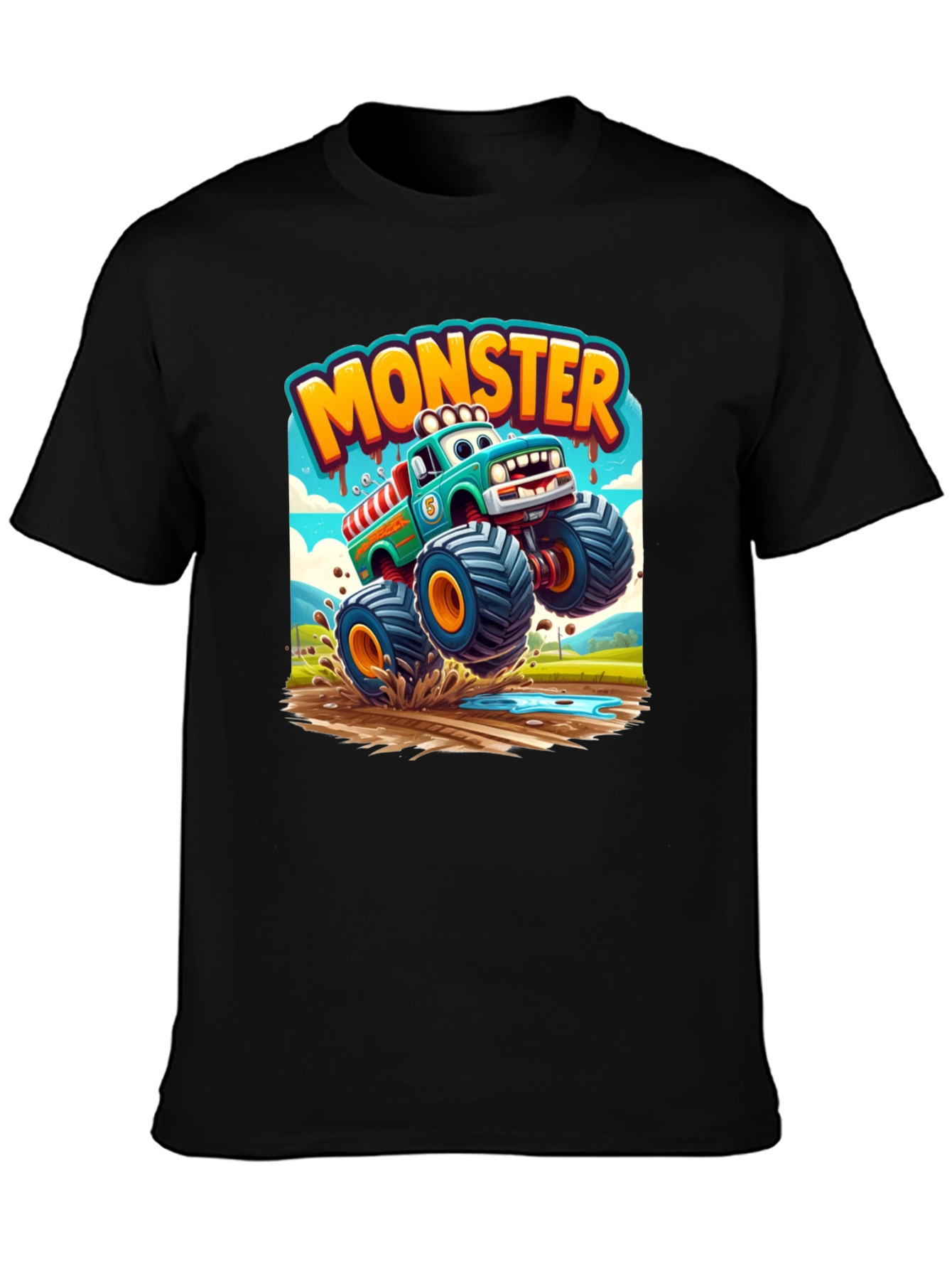 Monster Truck Cartoon Graphic Print Black T-Shirt
