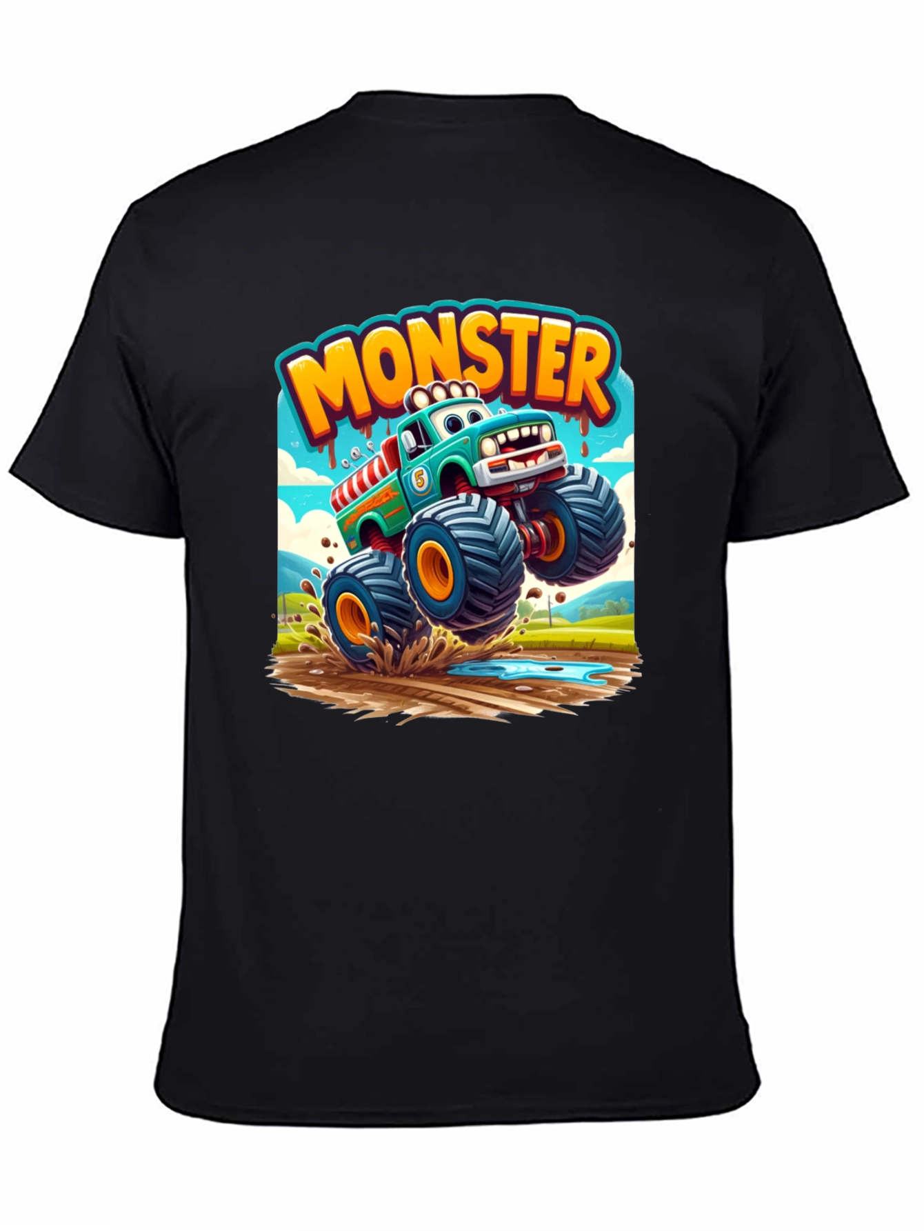 Monster Truck Cartoon Graphic Print Black T-Shirt
