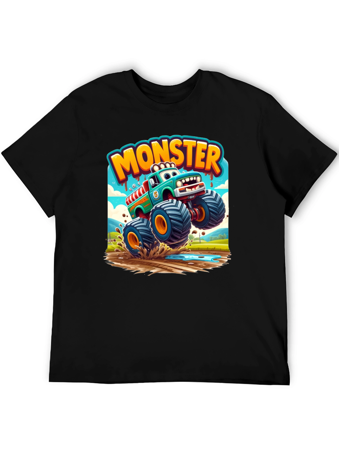 Monster Truck Cartoon Graphic Print Black T-Shirt