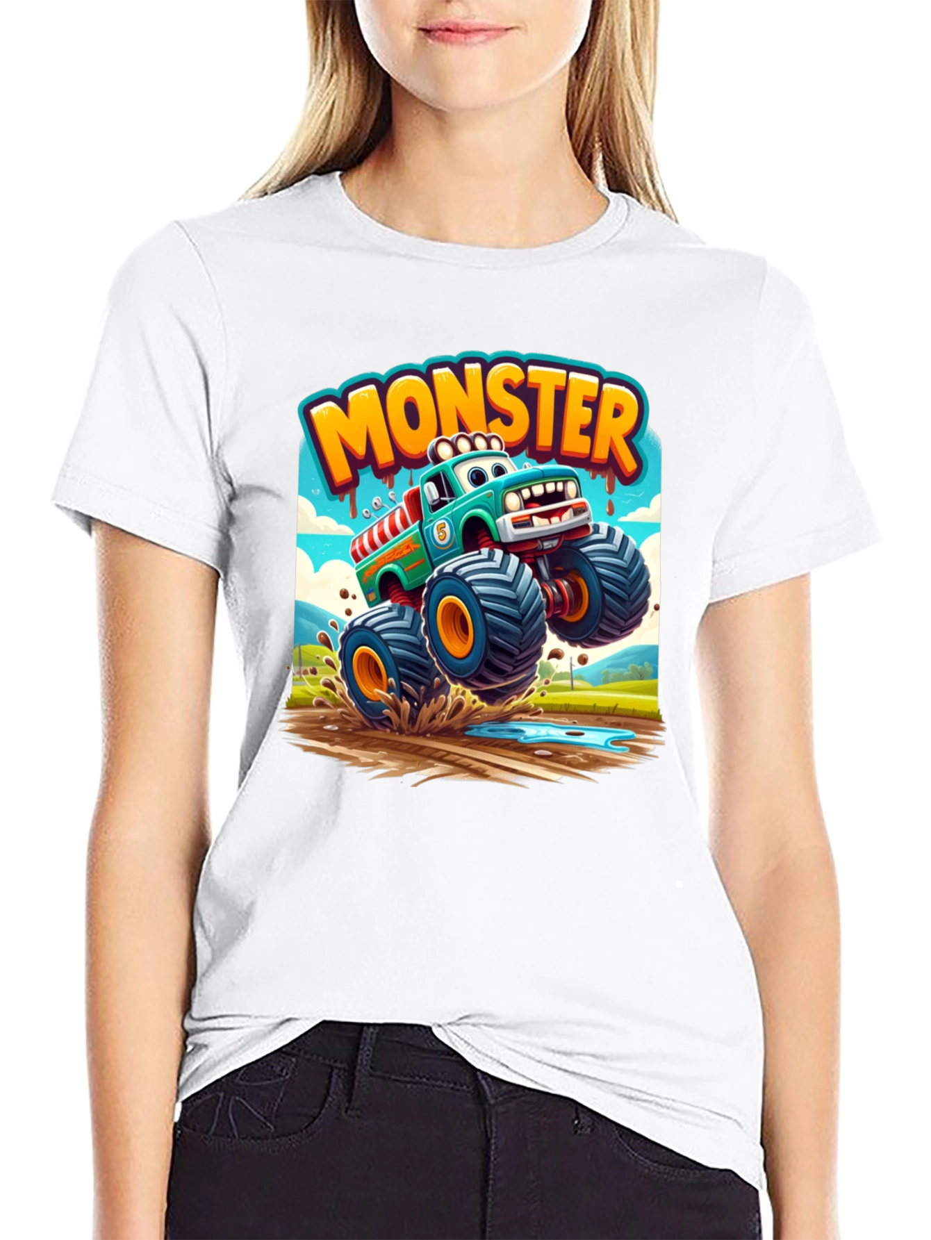 Monster Truck Cartoon Graphic Print Black T-Shirt