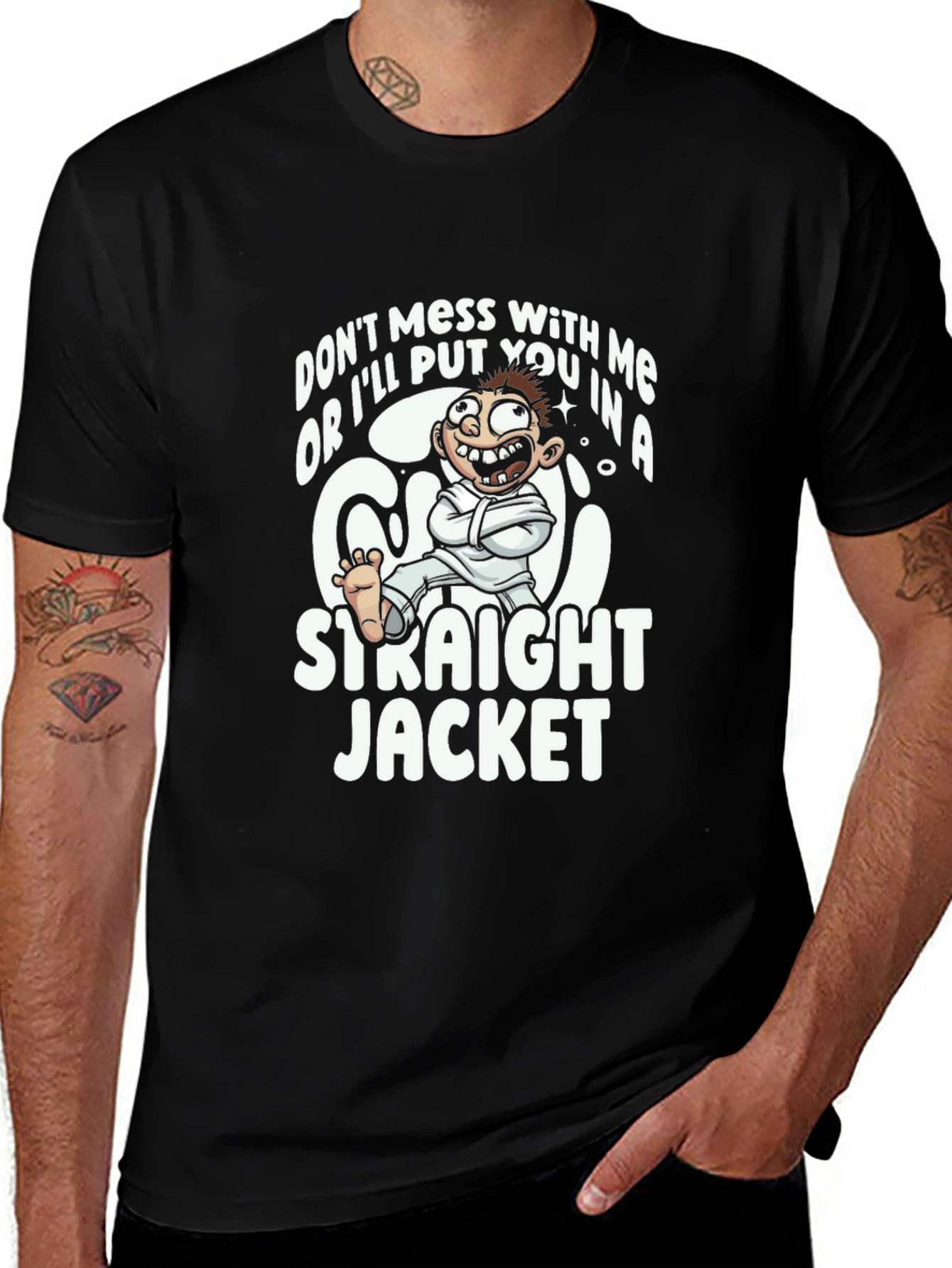 Funny Straight Jacket Cartoon Graphic T-Shirt
